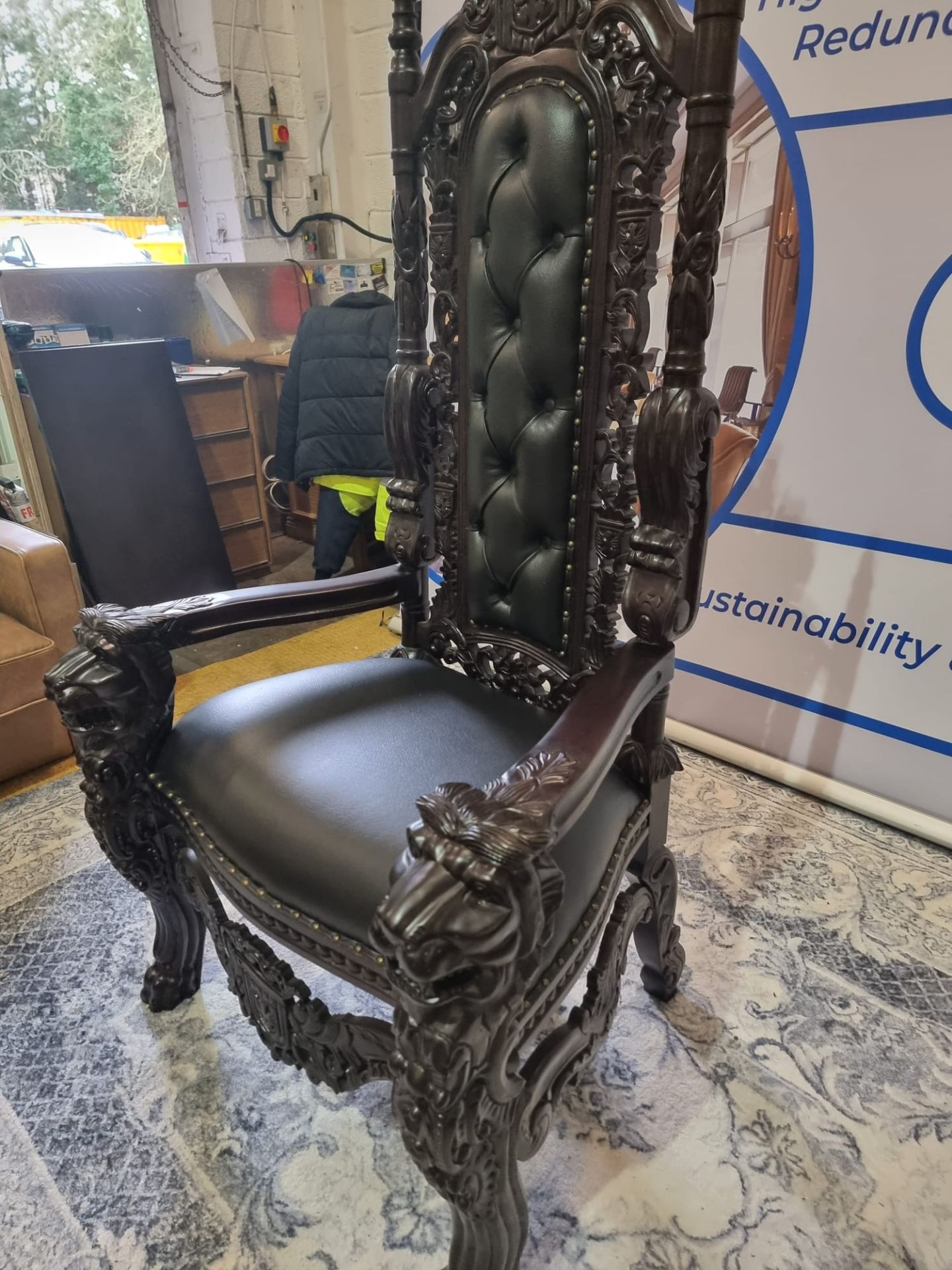 Handmade mahogany chair upholstered in a pinned black exceptional detailed carving. This antique - Image 2 of 20