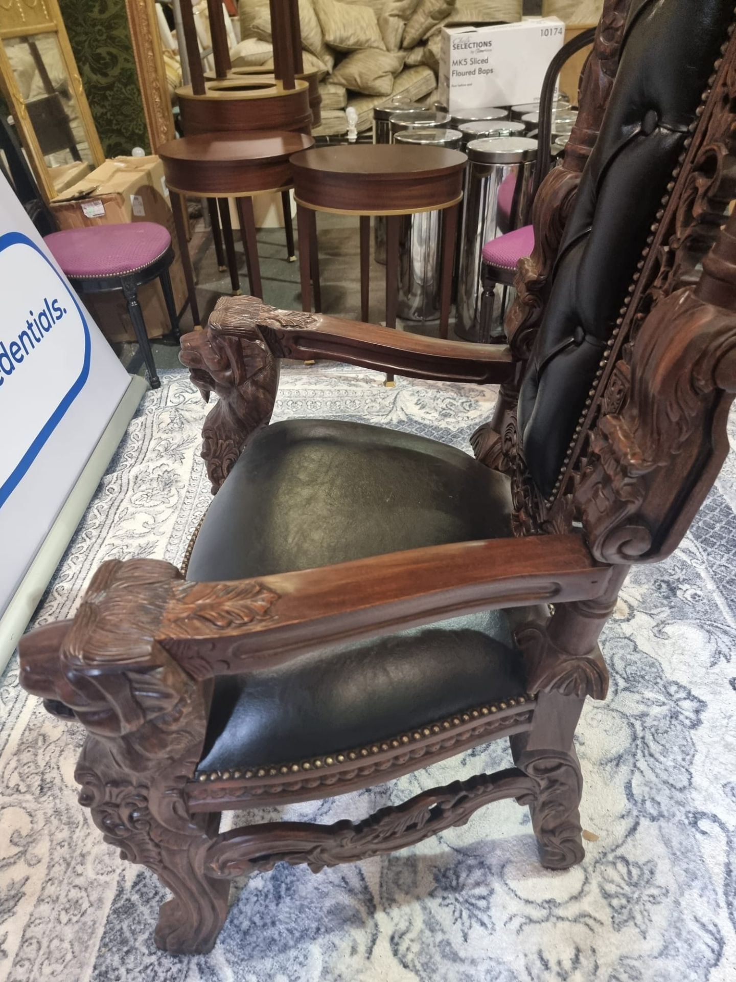 Handmade mahogany chair upholstered in a pinned black exceptional detailed carving. This antique - Image 13 of 18
