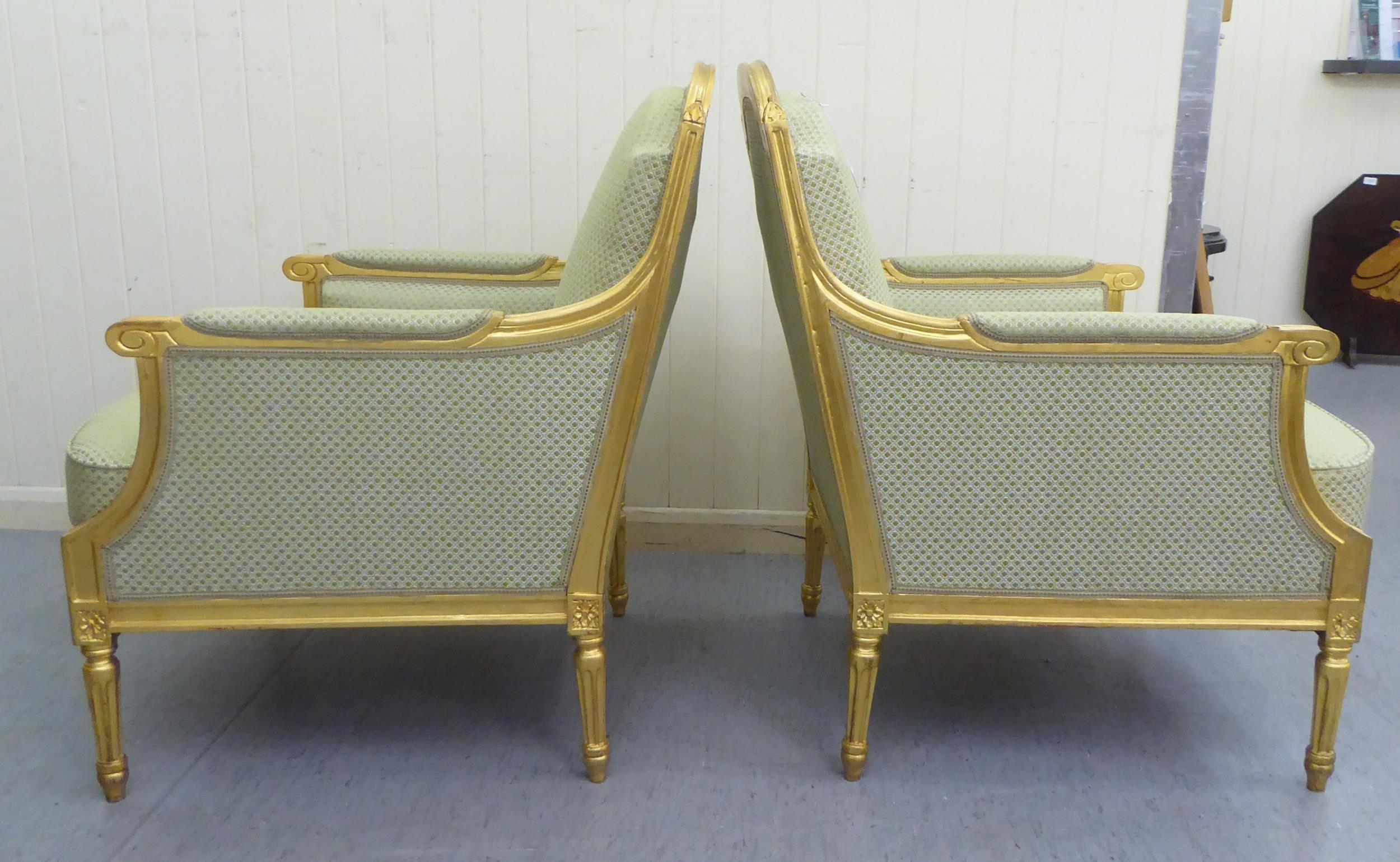A Pair Of Louis XVI Style Antique Finished Gilded Show Wood Framed Enclosed Salon Chairs, - Image 2 of 5