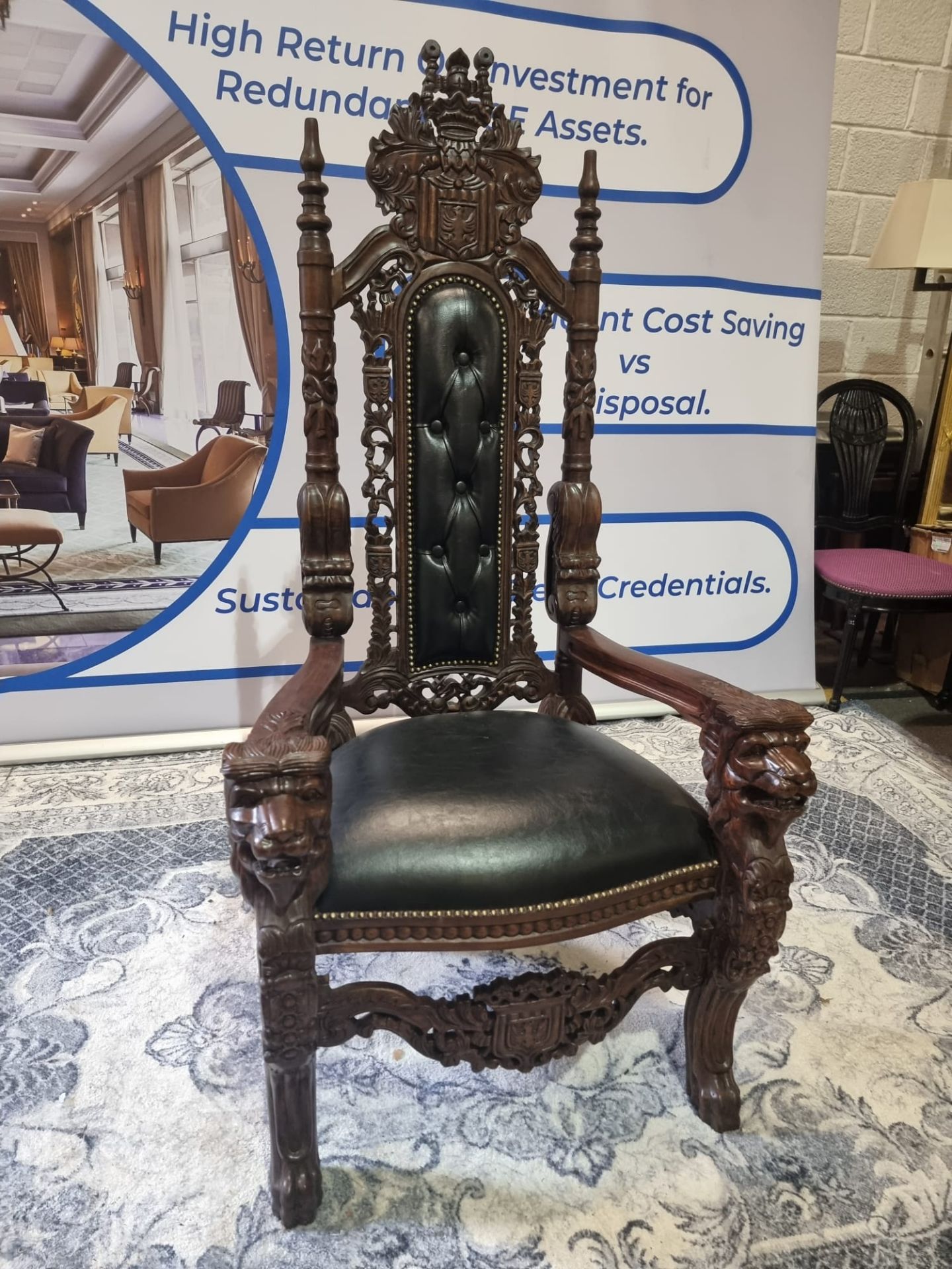 Handmade mahogany chair upholstered in a pinned black exceptional detailed carving. This antique - Bild 5 aus 18