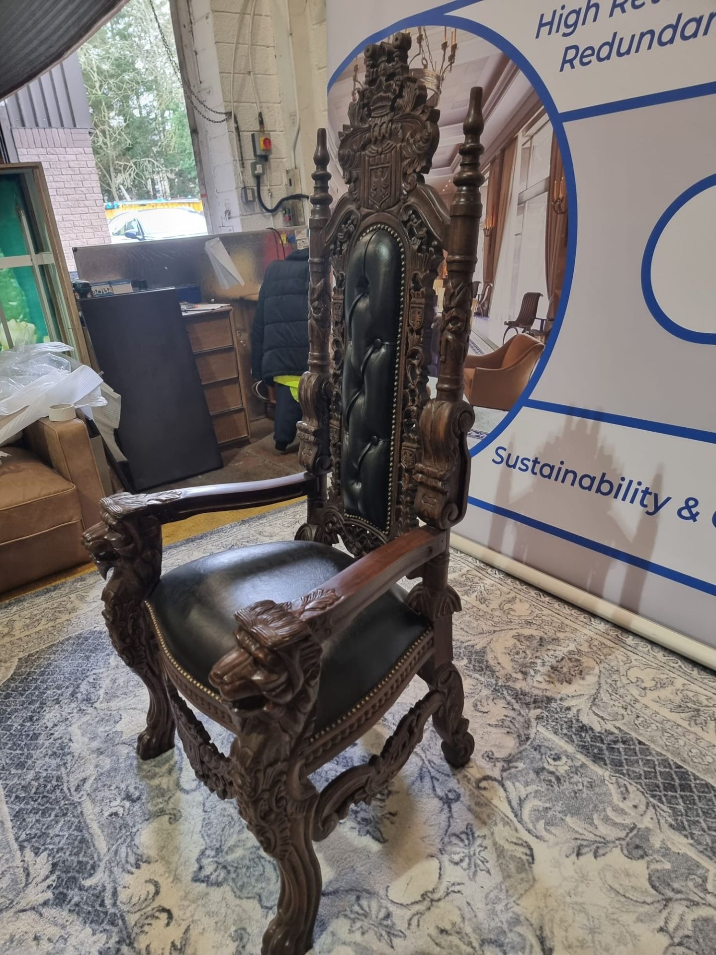 Handmade mahogany chair upholstered in a pinned black exceptional detailed carving. This antique - Bild 10 aus 18