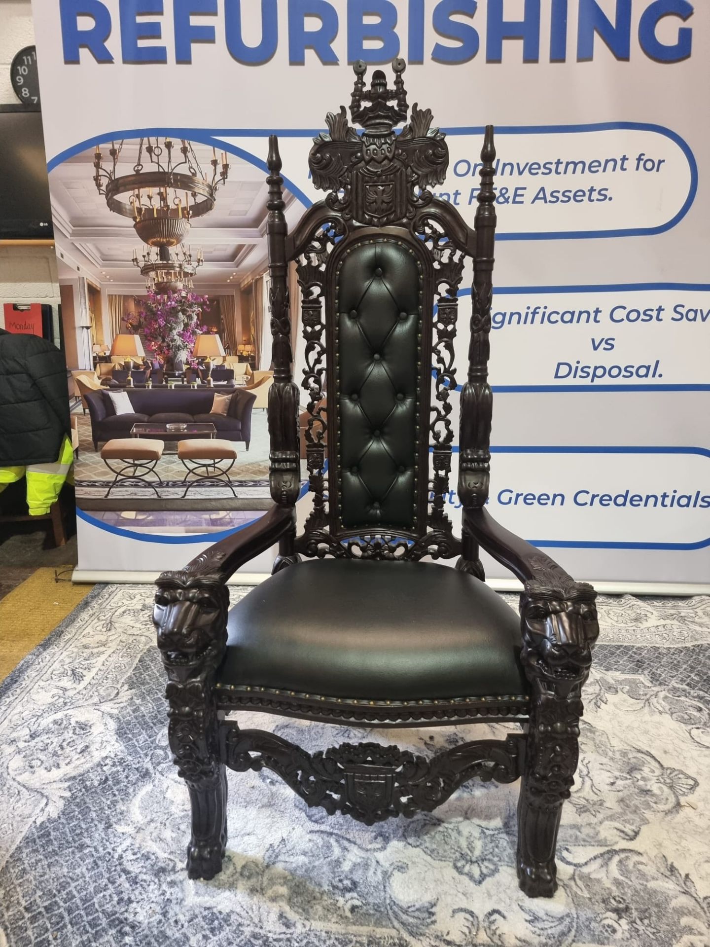 Handmade mahogany chair upholstered in a pinned black exceptional detailed carving. This antique - Image 15 of 20