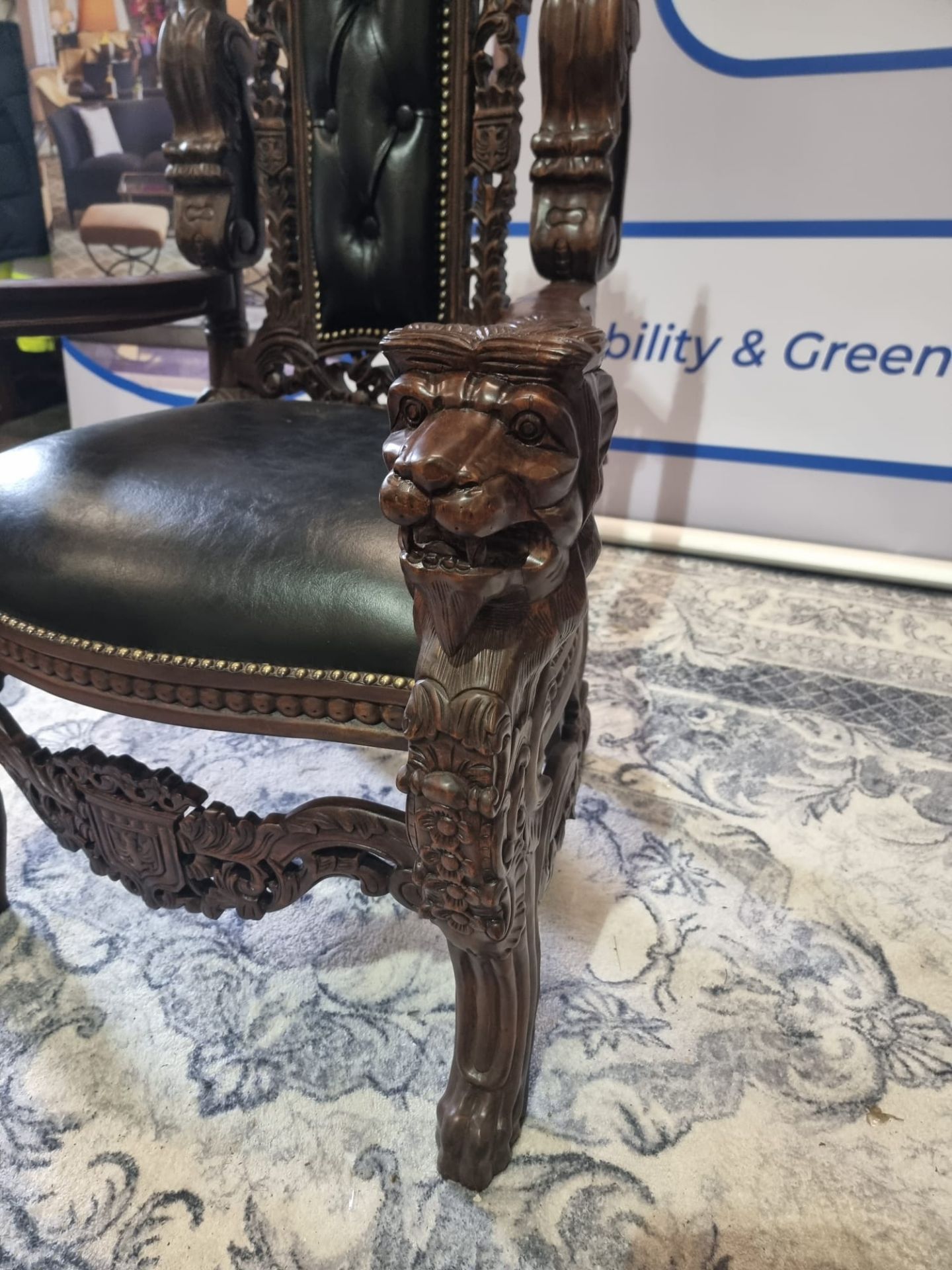 Handmade mahogany chair upholstered in a pinned black exceptional detailed carving. This antique - Image 7 of 18