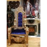 Handmade mahogany chair painted gold upholstered in a pinned royal blue velvet exceptional