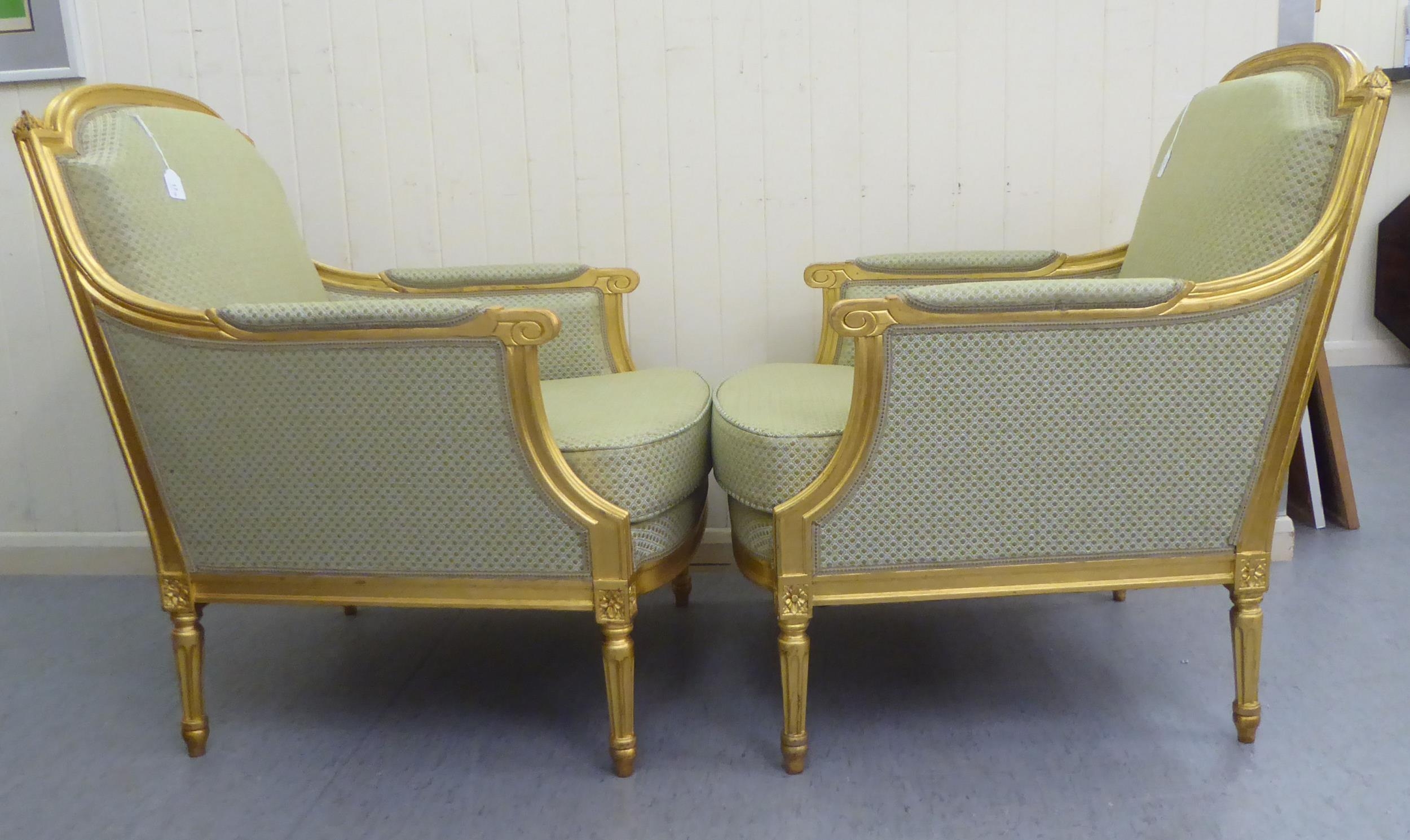 A Pair Of Louis XVI Style Antique Finished Gilded Show Wood Framed Enclosed Salon Chairs, - Image 3 of 5