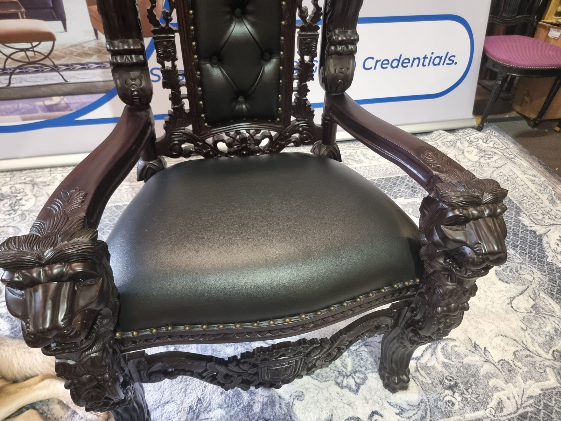 Handmade mahogany chair upholstered in a pinned black exceptional detailed carving. This antique - Image 14 of 20