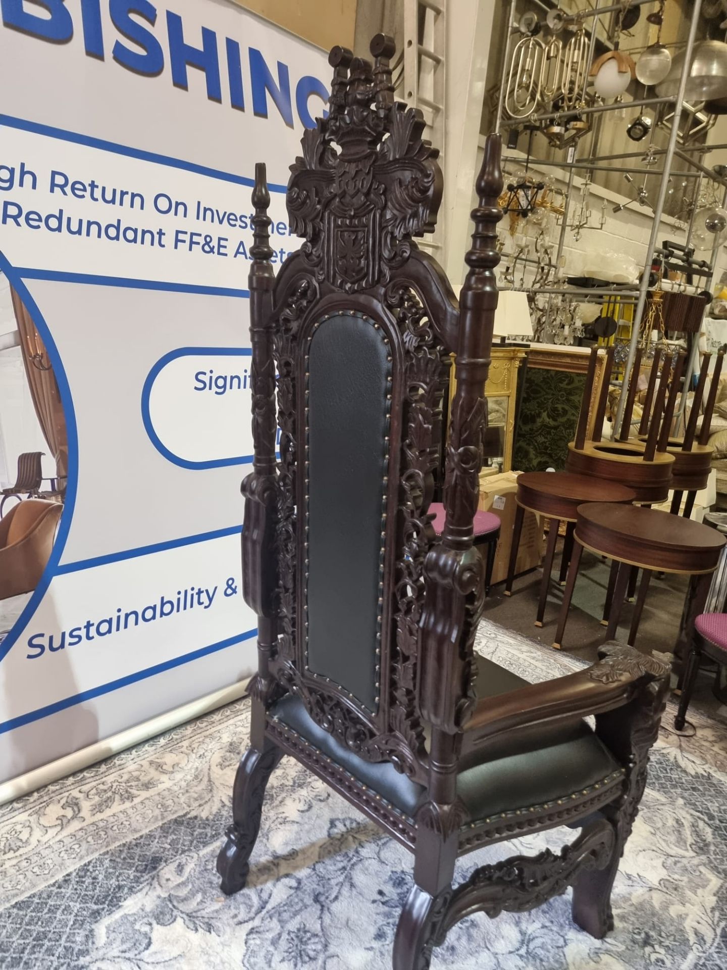 Handmade mahogany chair upholstered in a pinned black exceptional detailed carving. This antique - Image 5 of 20