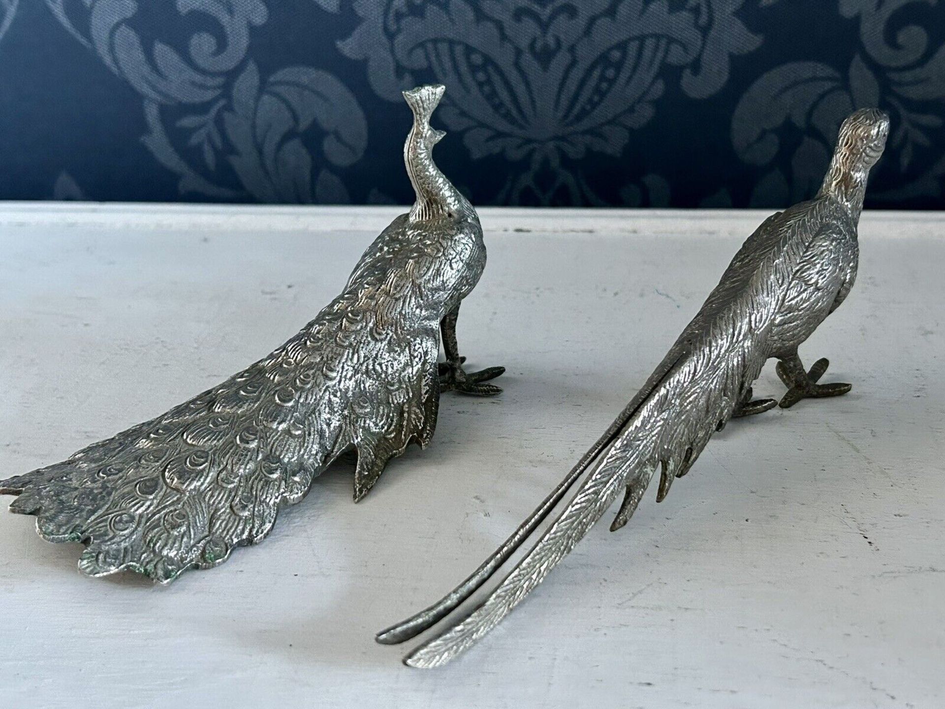 Italian Silver Plated Hollow Cast Table Centrepiece figurines Of Pheasants Male & Female Pair Male - Image 6 of 11