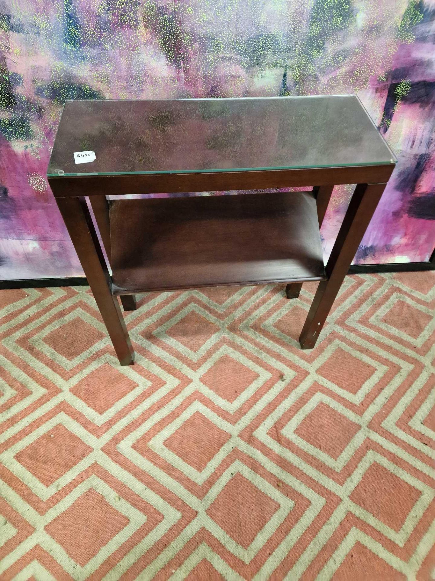 2 x Decca Europe walnut hall table with glass protective top and sloping lipped undershelf 75 x 30 x - Image 2 of 2