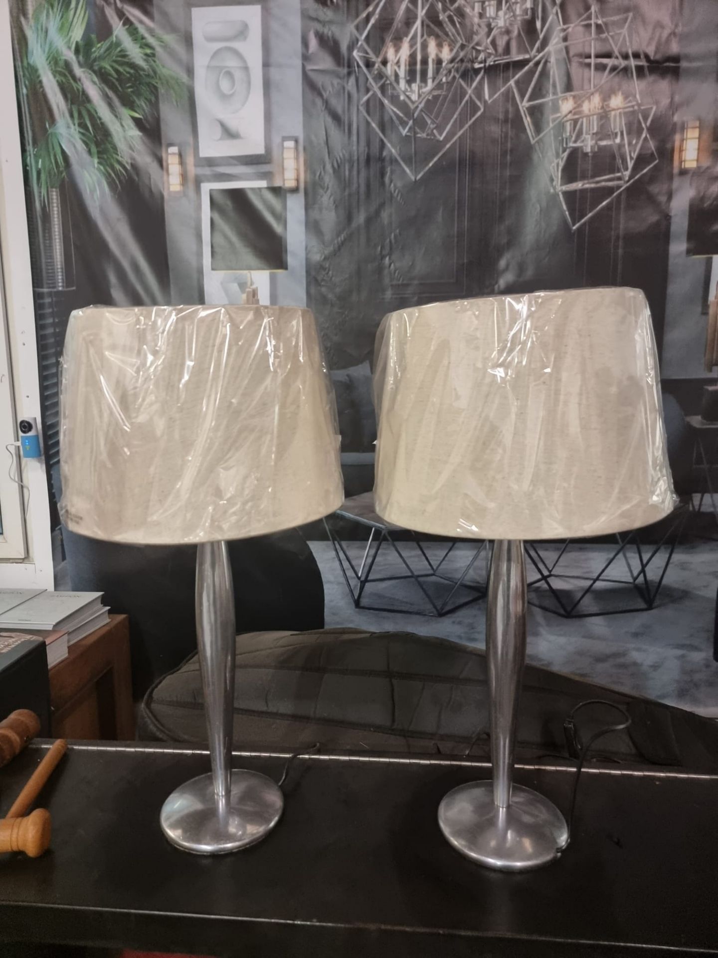 A pair of Lucien Gau Paris LG Paris Nickel Table Lamp with brand new neutral shade 54cm tall - Image 5 of 6