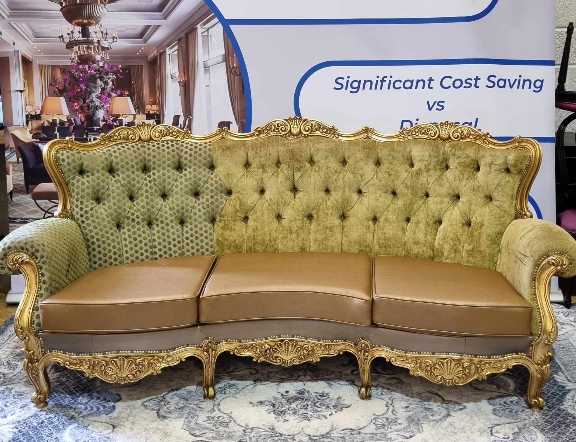 A contemporary French baroque style sofa the gilded ornate frame upholstered in contrasting