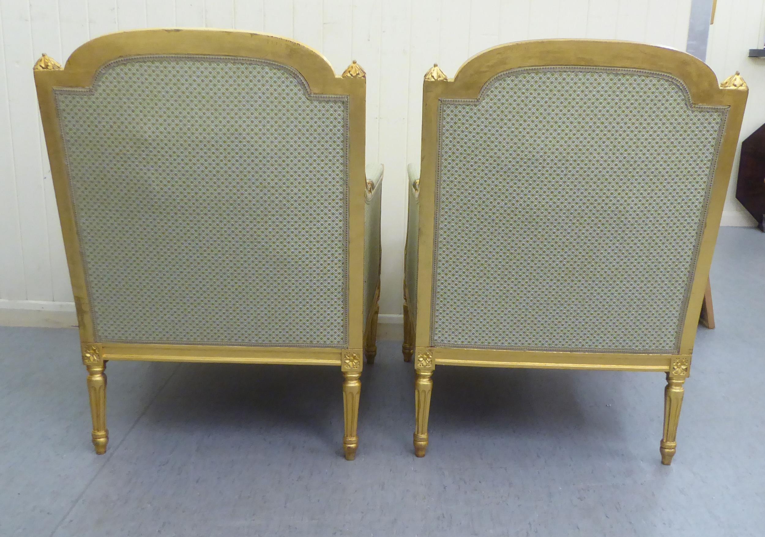 A Pair Of Louis XVI Style Antique Finished Gilded Show Wood Framed Enclosed Salon Chairs, - Image 5 of 5