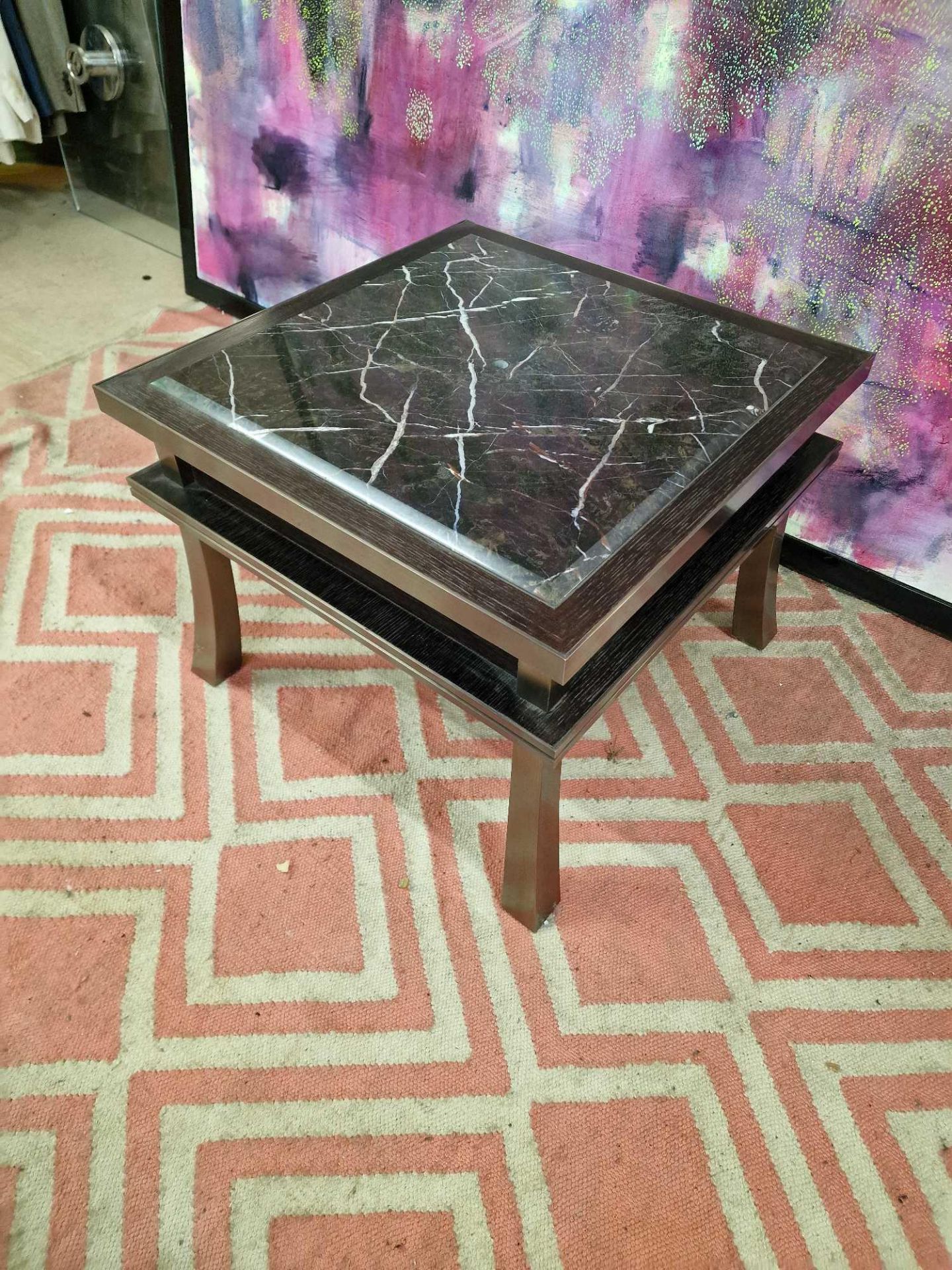 Lamp table bronze and black marble on dark walnut frame 60 x 60 x 46cm - Image 4 of 5
