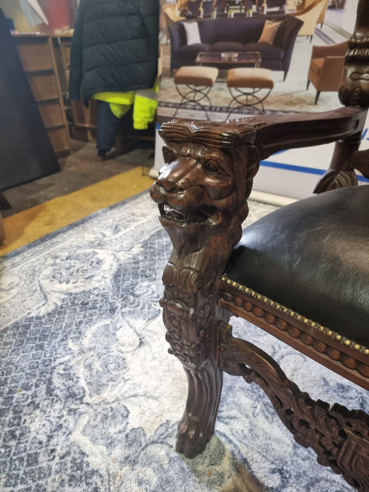 Handmade mahogany chair upholstered in a pinned black exceptional detailed carving. This antique - Bild 15 aus 18
