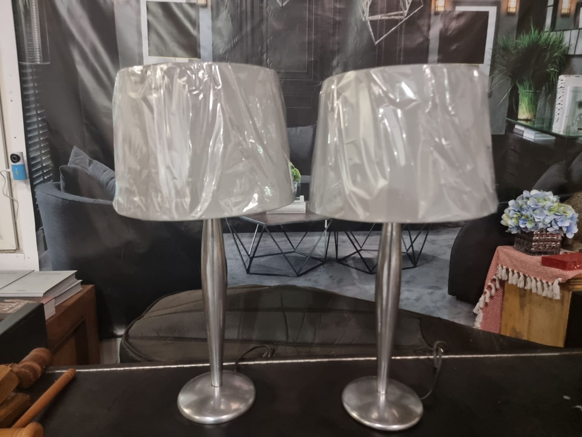 A pair of Lucien Gau Paris LG Paris Nickel Table Lamp with brand new grey shade 54cm tall - Bild 8 aus 8