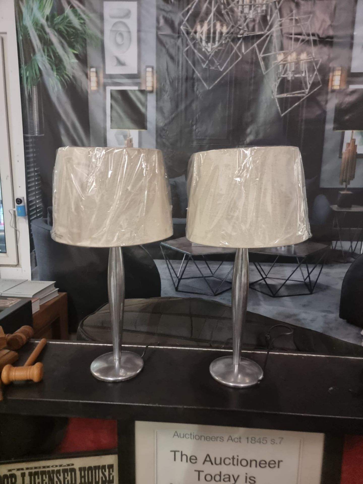 A pair of Lucien Gau Paris LG Paris Nickel Table Lamp with brand new neutral shade 54cm tall