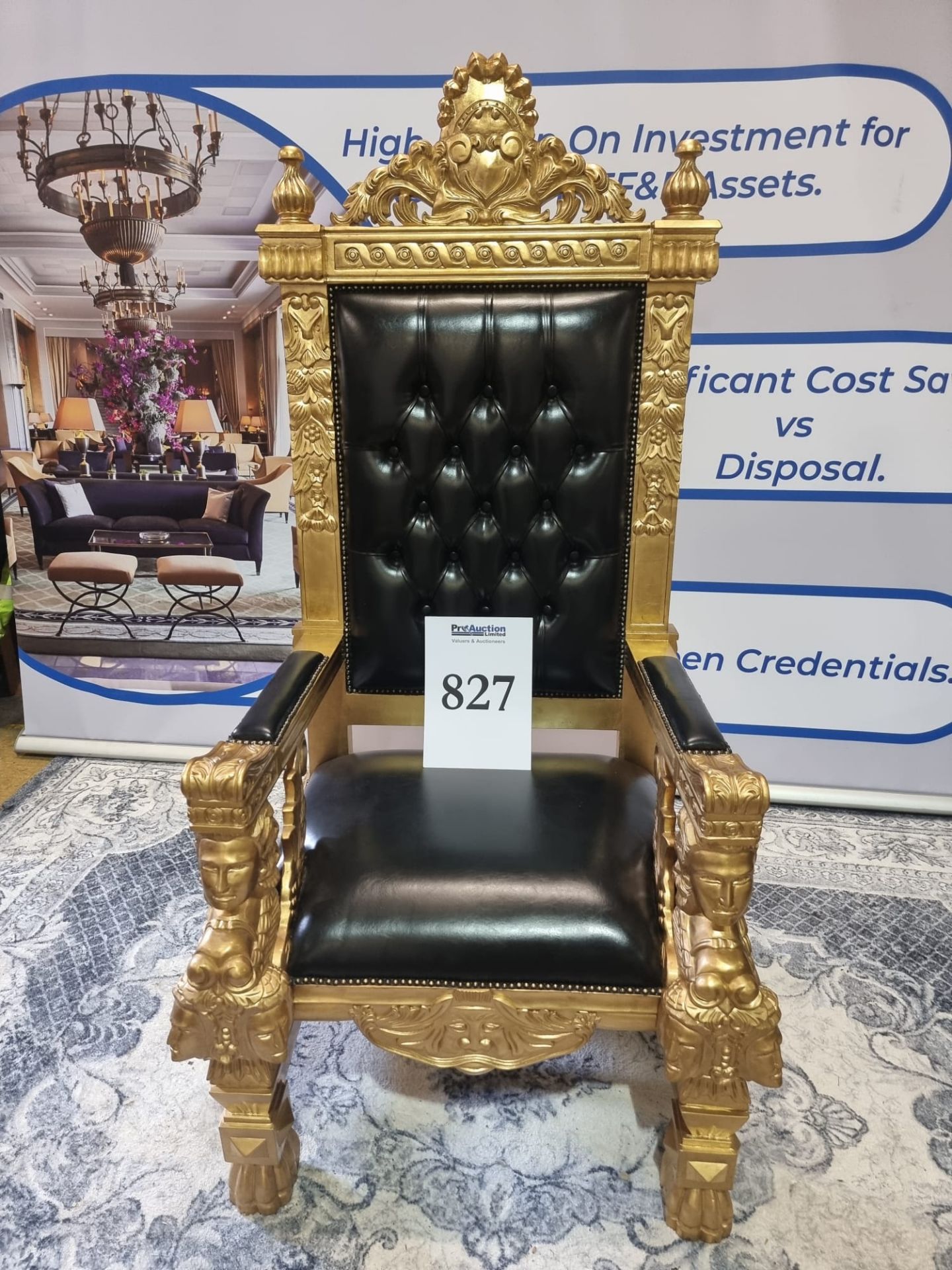 Handmade mahogany chair finished in painted matt gold upholstered in pinned black exceptional - Image 13 of 21