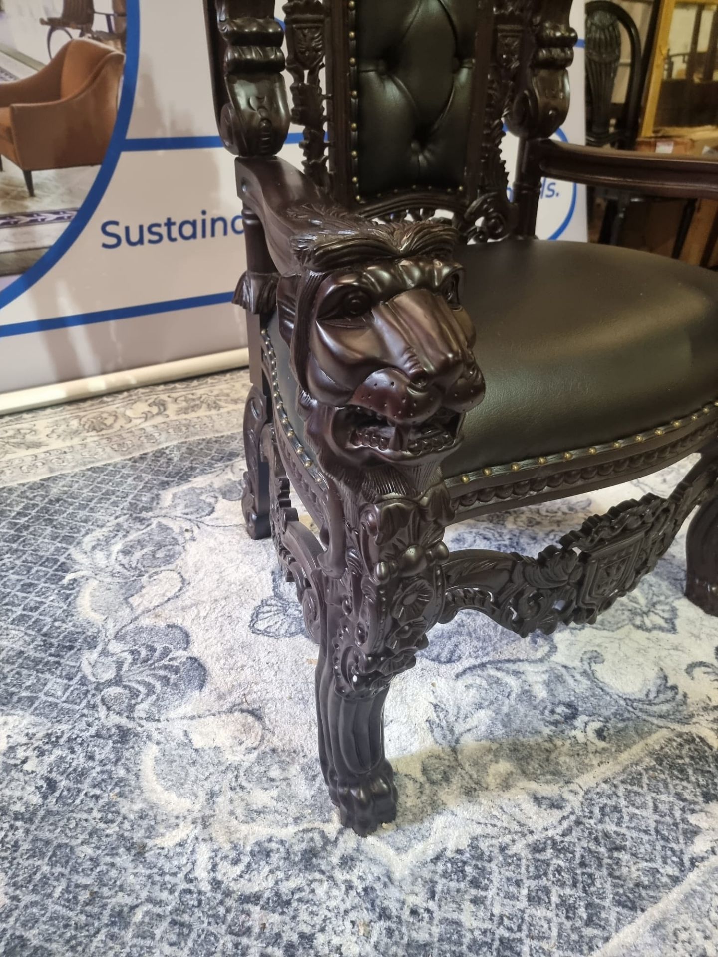 Handmade mahogany chair upholstered in a pinned black exceptional detailed carving. This antique - Image 7 of 20