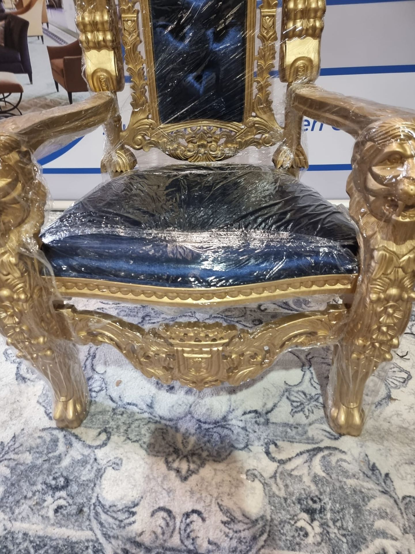 Handmade mahogany chair painted gold upholstered in a pinned royal blue velvet exceptional - Image 13 of 18