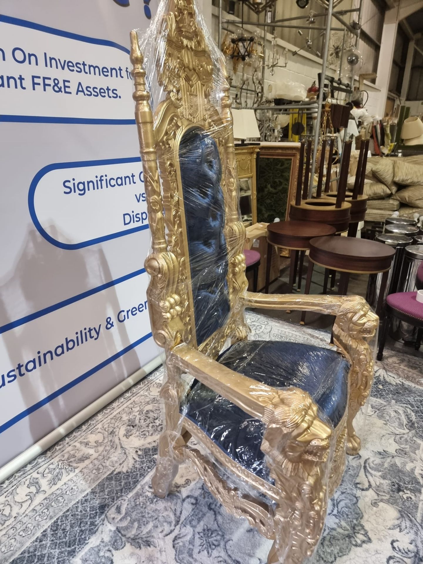 Handmade mahogany chair painted gold upholstered in a pinned royal blue velvet exceptional - Image 6 of 16