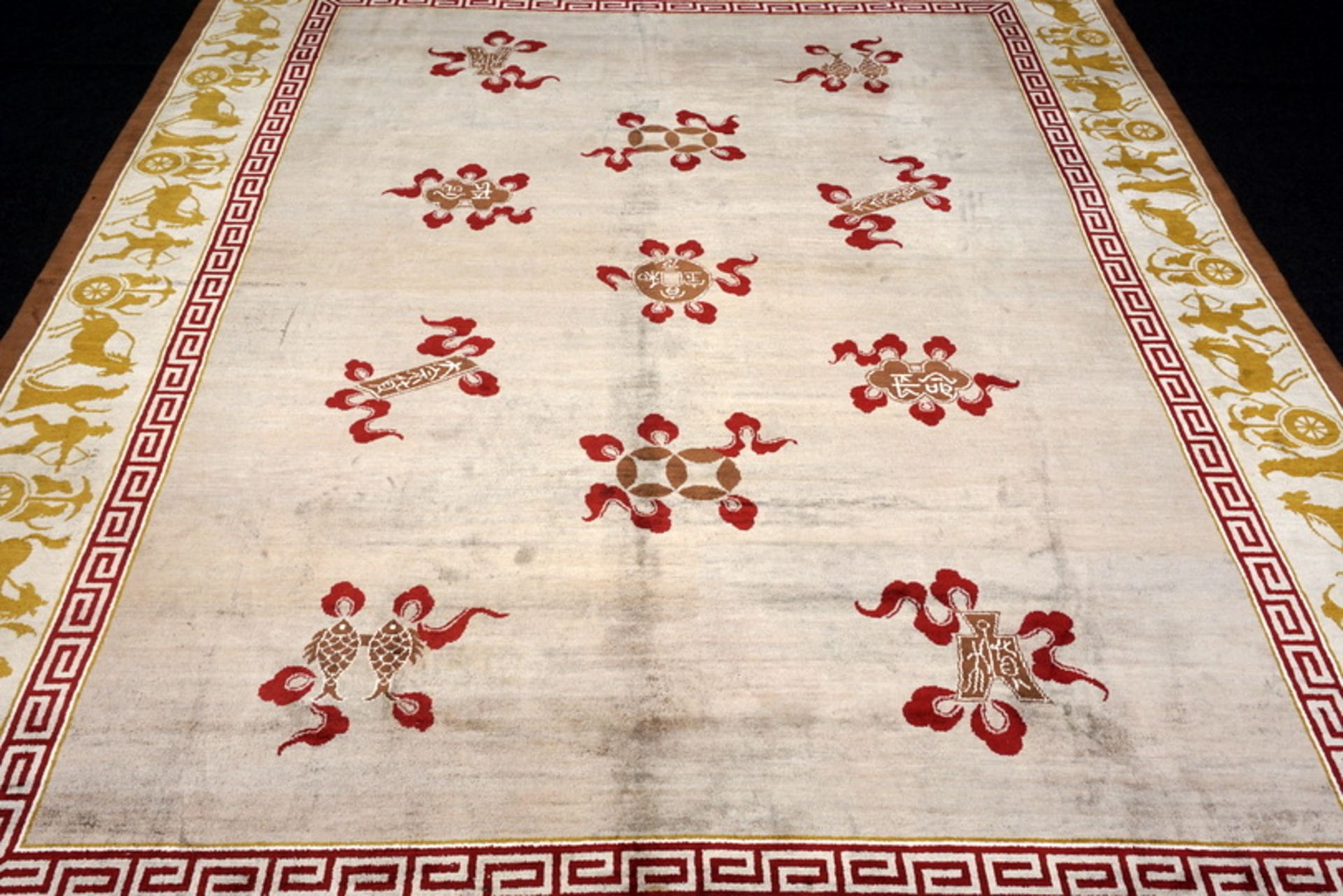 A Chinese Silk Carpet, Tientsin, Silk on Silk Foundation. The ivory field with a central column of - Image 3 of 27