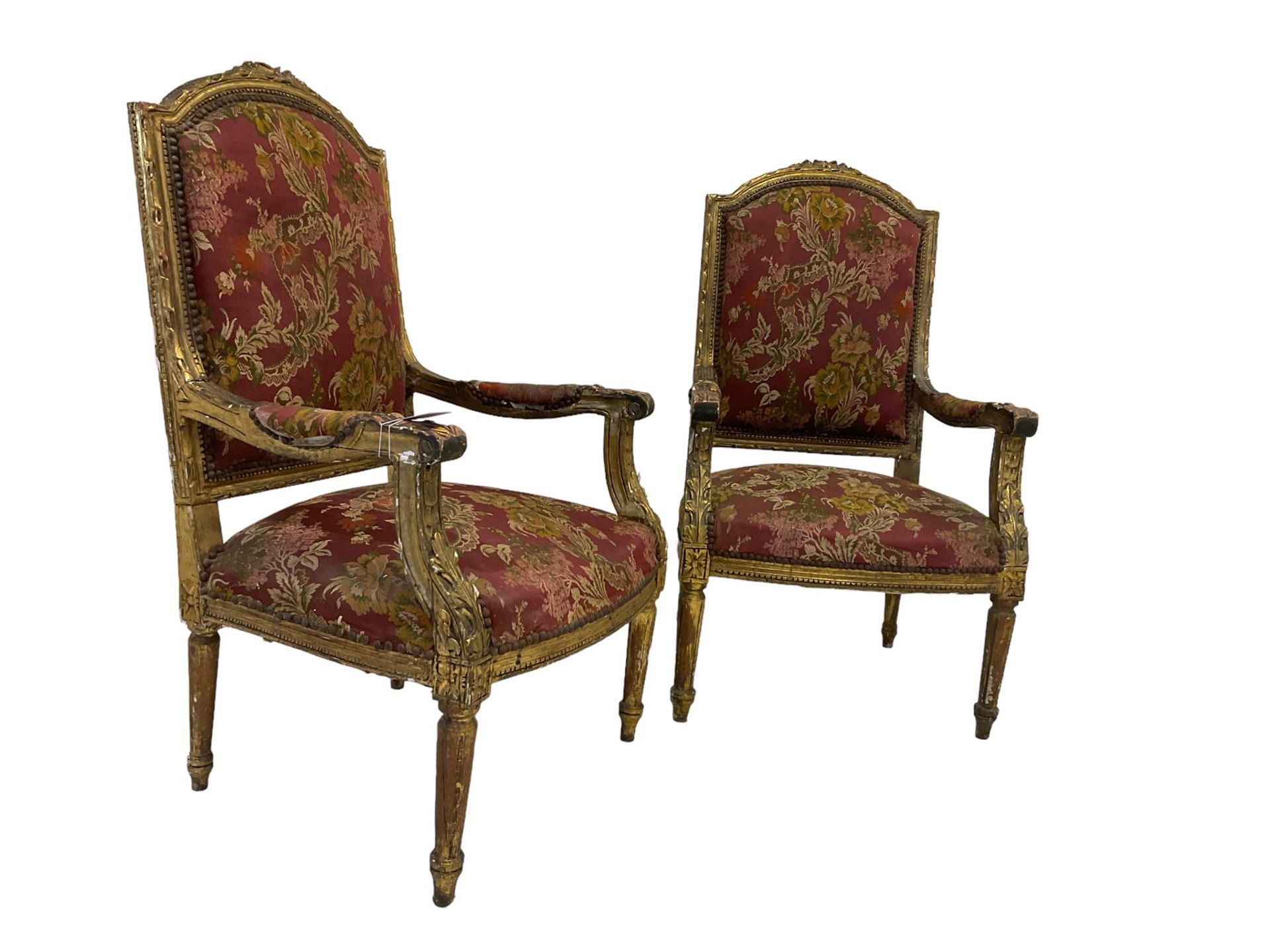 A Pair Louis XVI design gilt framed armchairs, the cresting rail moulded with flower heads and - Bild 4 aus 9