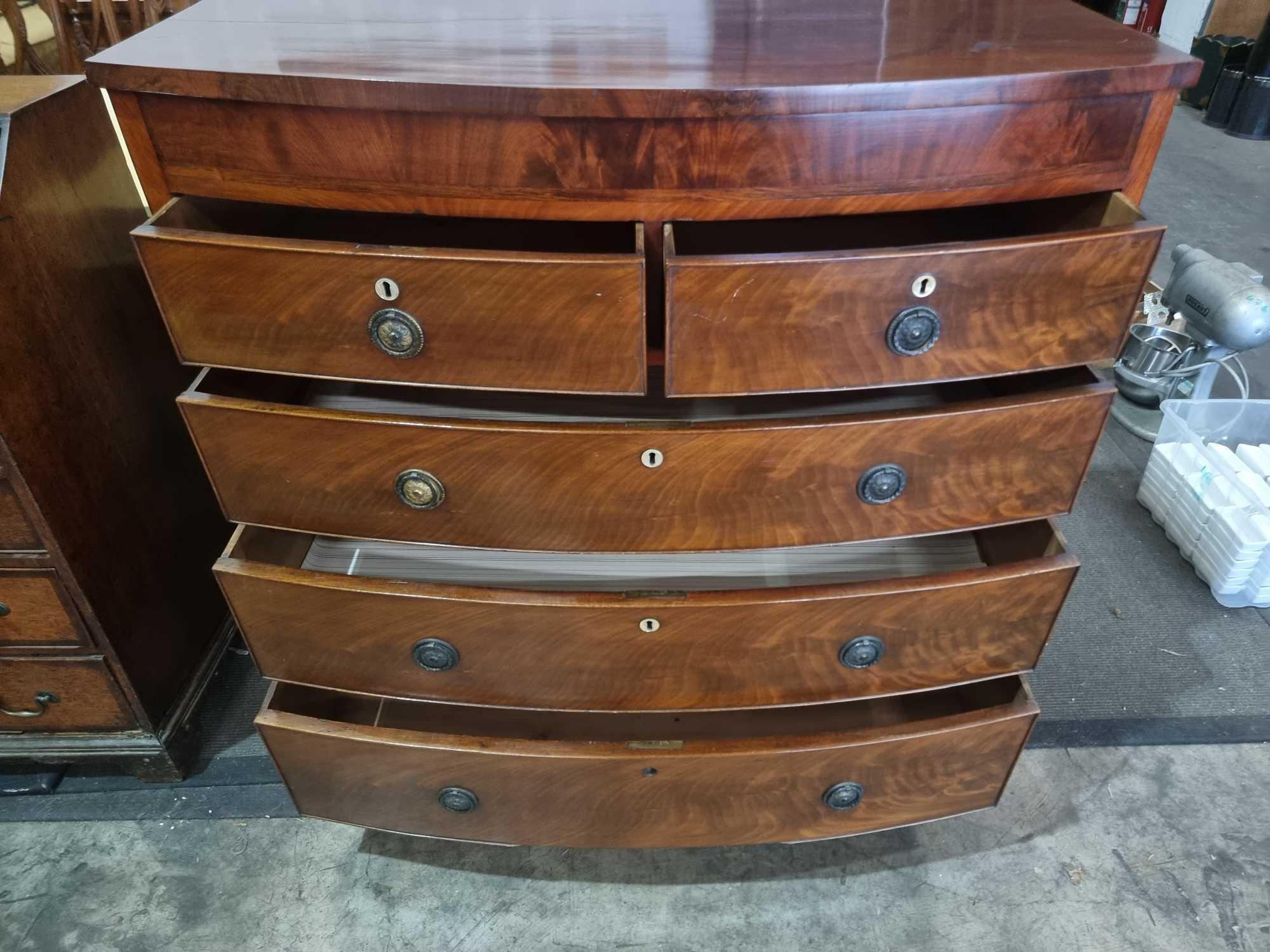 Regency Style Figured Mahogany And Satinwood Bow Front Chest Of Two Short Drawers Over Three Long - Image 6 of 7