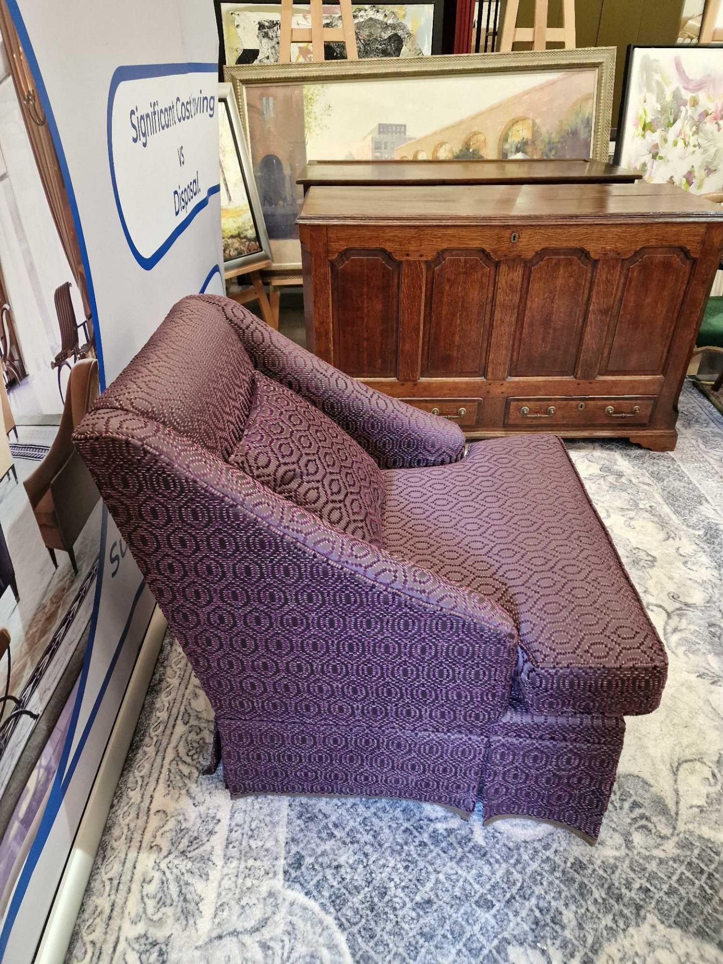 Egerton Armchair Sloping Arms Dressmakers Skirt And A Sprung Back Upholstered Purple Patterned - Bild 4 aus 6