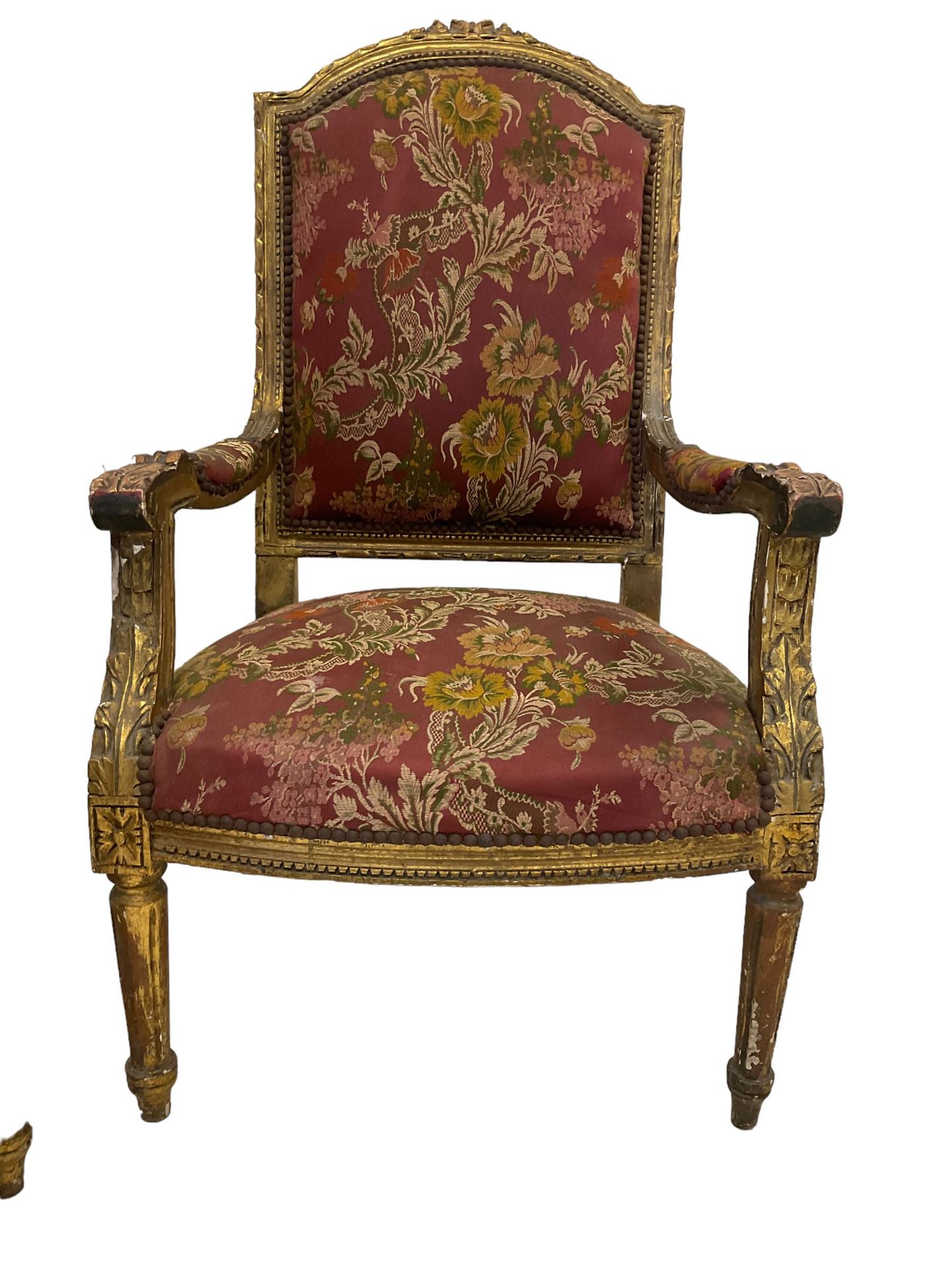 A Pair Louis XVI design gilt framed armchairs, the cresting rail moulded with flower heads and - Bild 6 aus 9