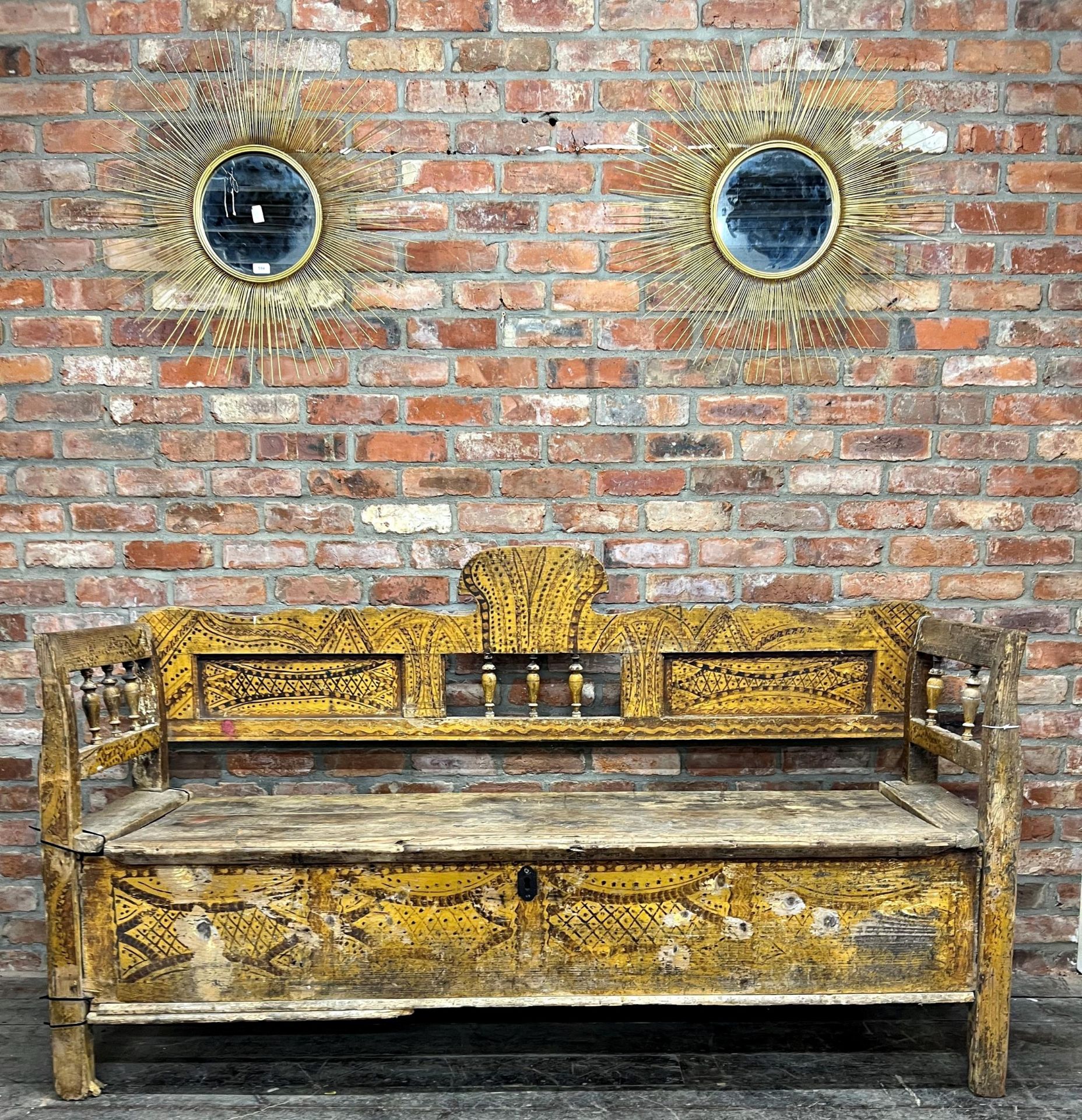 A Swedish Gustavian Painted Bench, Tornedalen.Painted All Over With Black Geometric Line Patterns On - Bild 5 aus 5