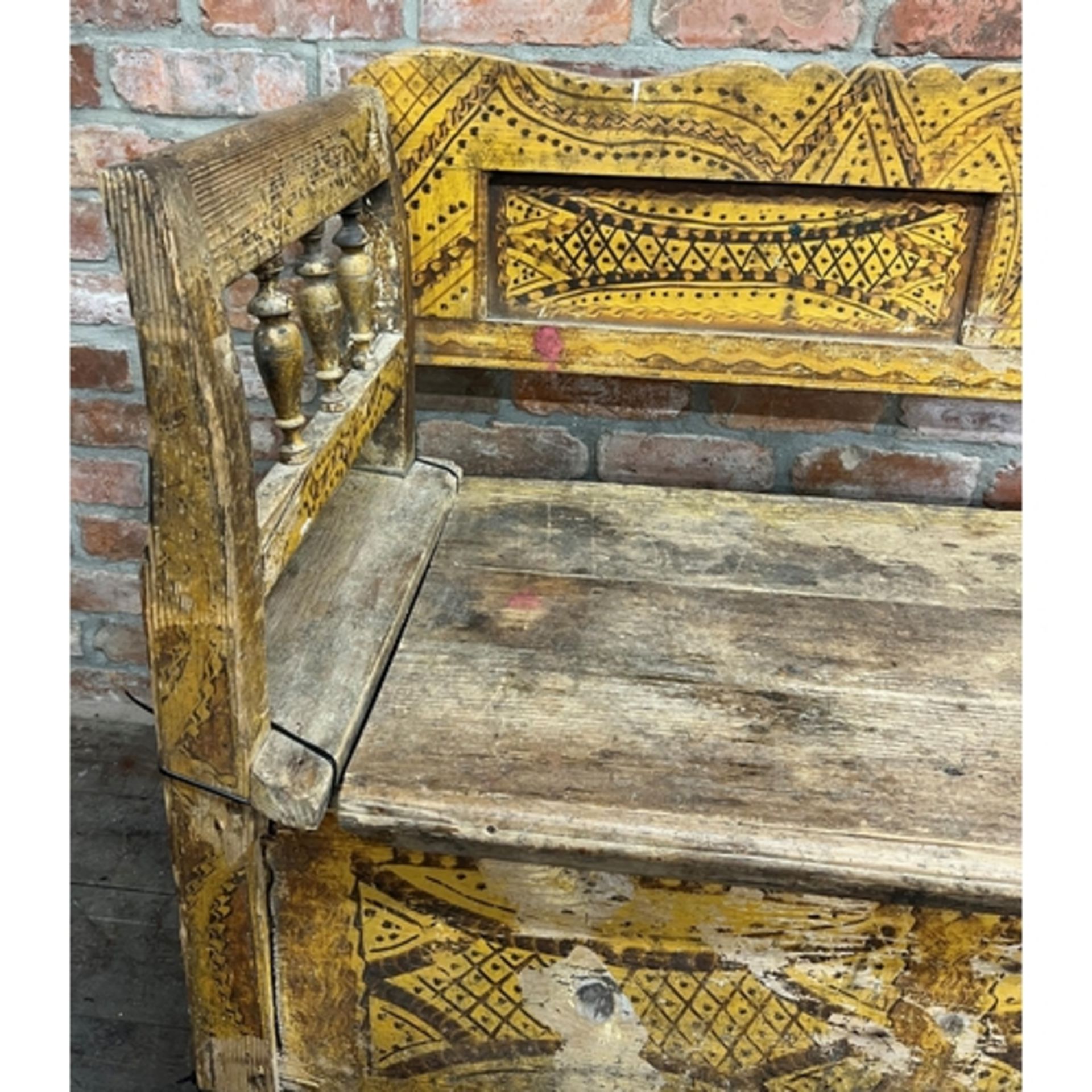 A Swedish Gustavian Painted Bench, Tornedalen.Painted All Over With Black Geometric Line Patterns On - Image 2 of 5