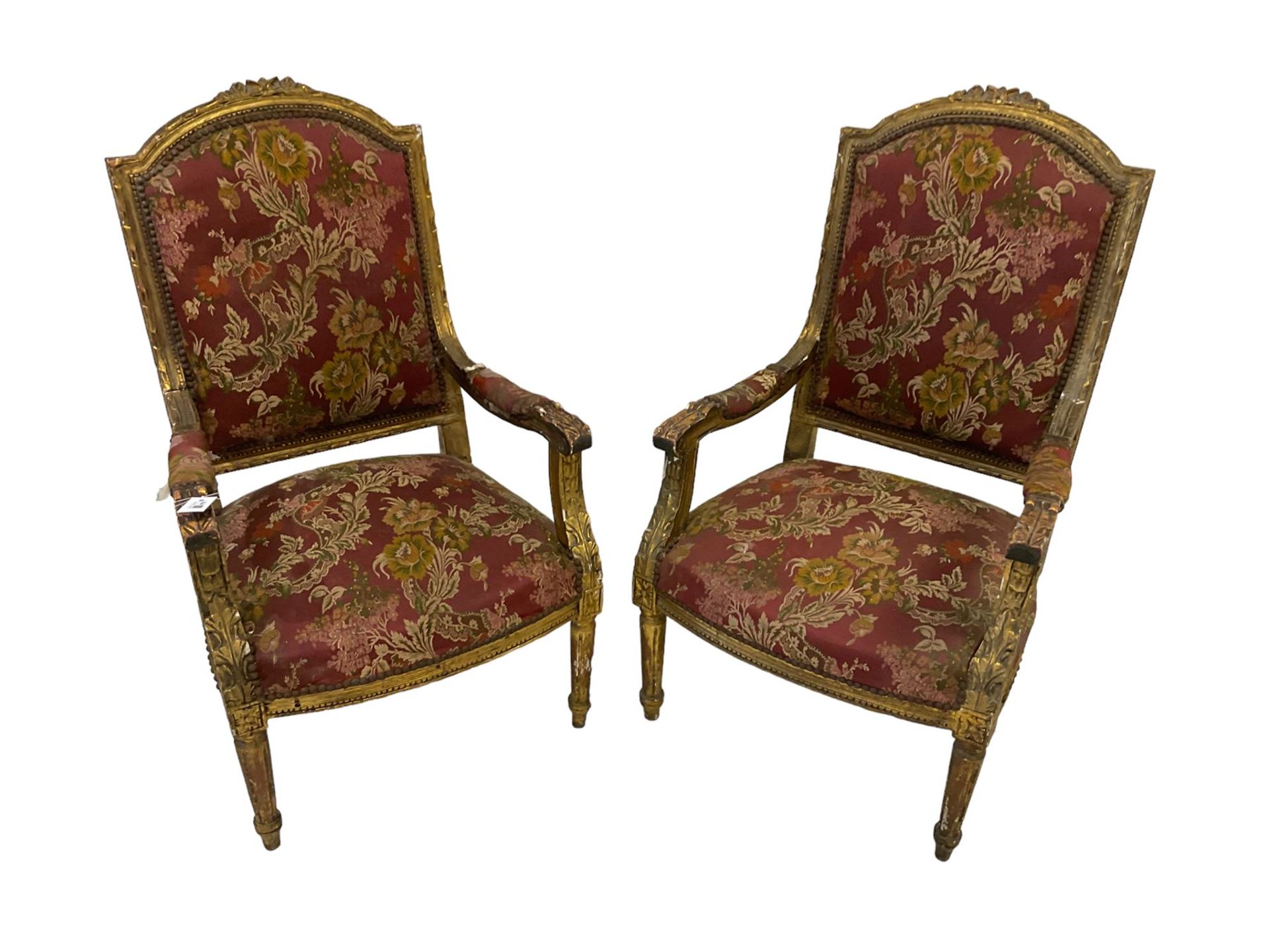 A Pair Louis XVI design gilt framed armchairs, the cresting rail moulded with flower heads and - Bild 3 aus 9