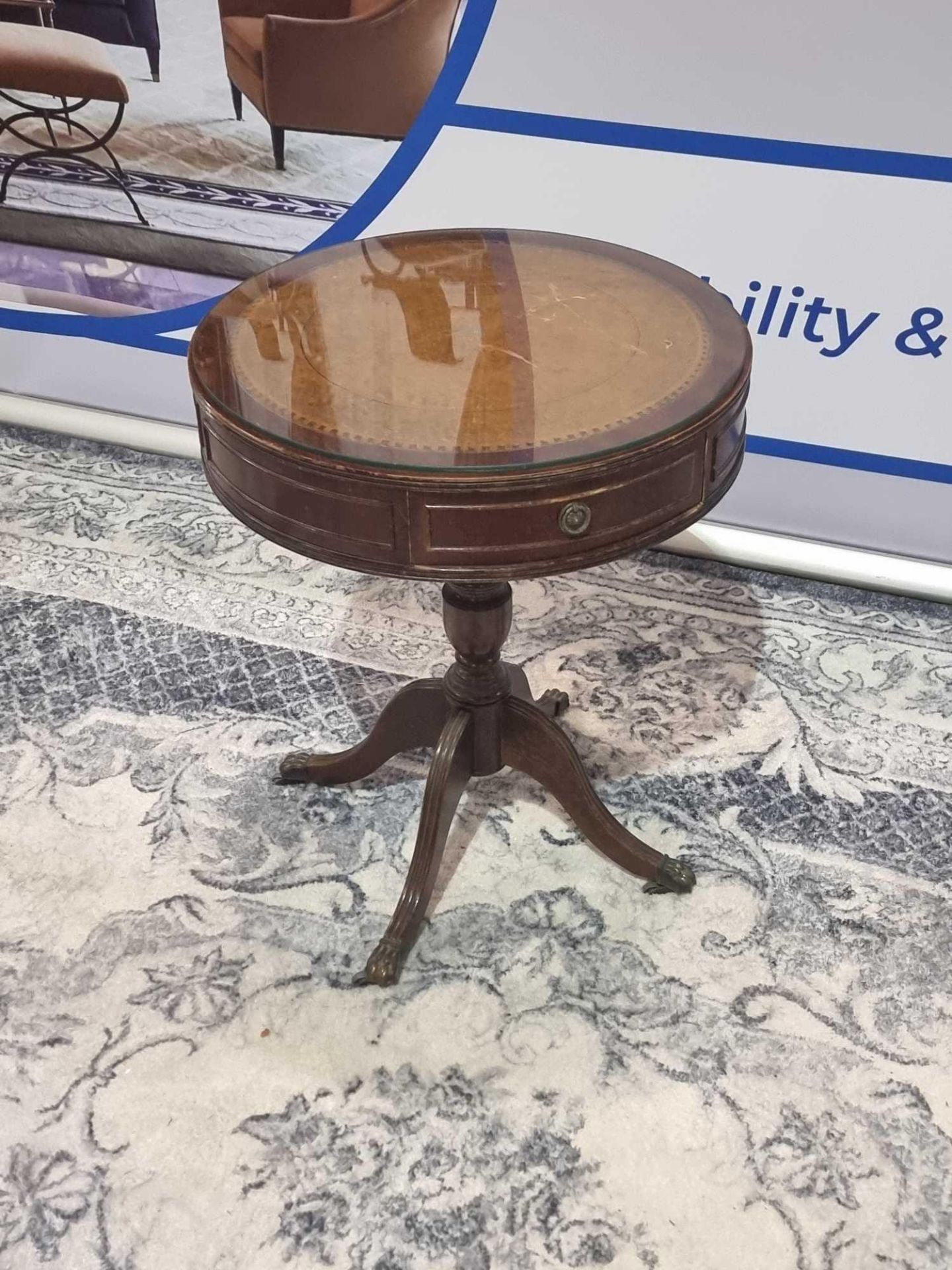 A Regency Style Mahogany Drum Table With Leather Inlay Top And Glass Protector Over The Apron - Image 2 of 5