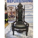 Handmade Mahogany Chair Upholstered In A Pinned Black Exceptional Detailed Carving. This Antique