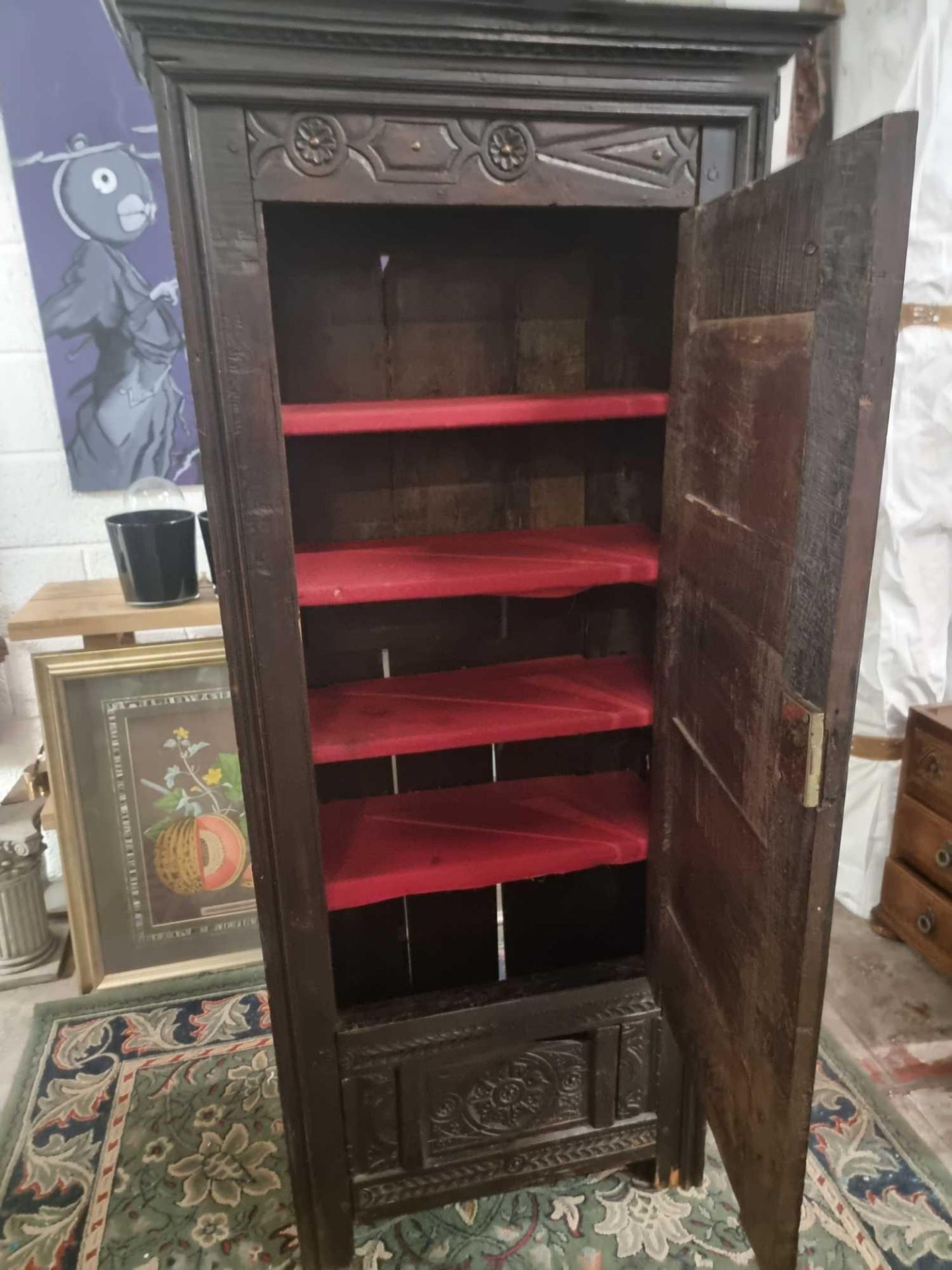 A Heavily Carved Oak Single Door C.18th Century French Bonnetiere Or Hat Cupboard Classic French - Bild 9 aus 12