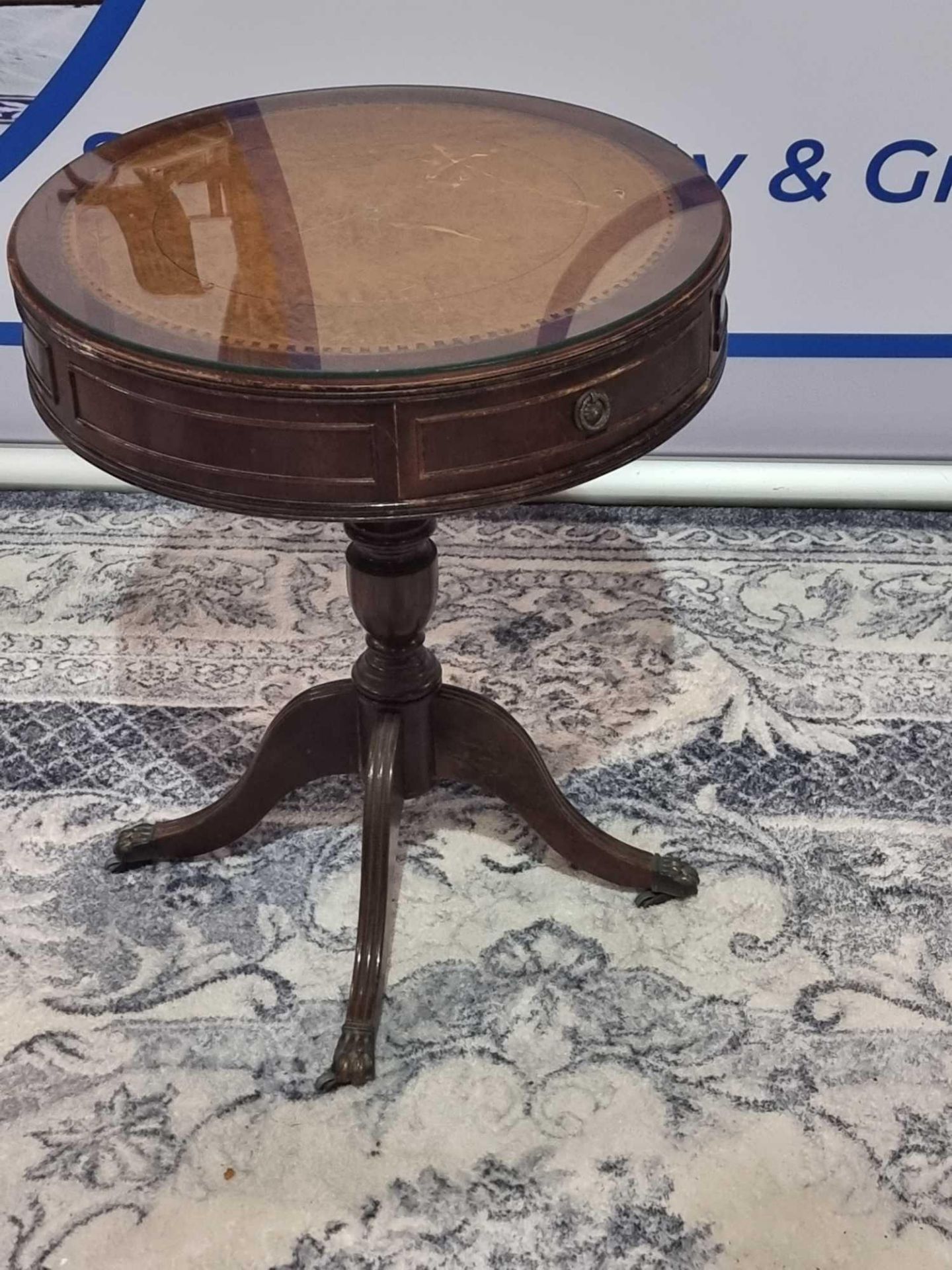 A Regency Style Mahogany Drum Table With Leather Inlay Top And Glass Protector Over The Apron - Image 5 of 5