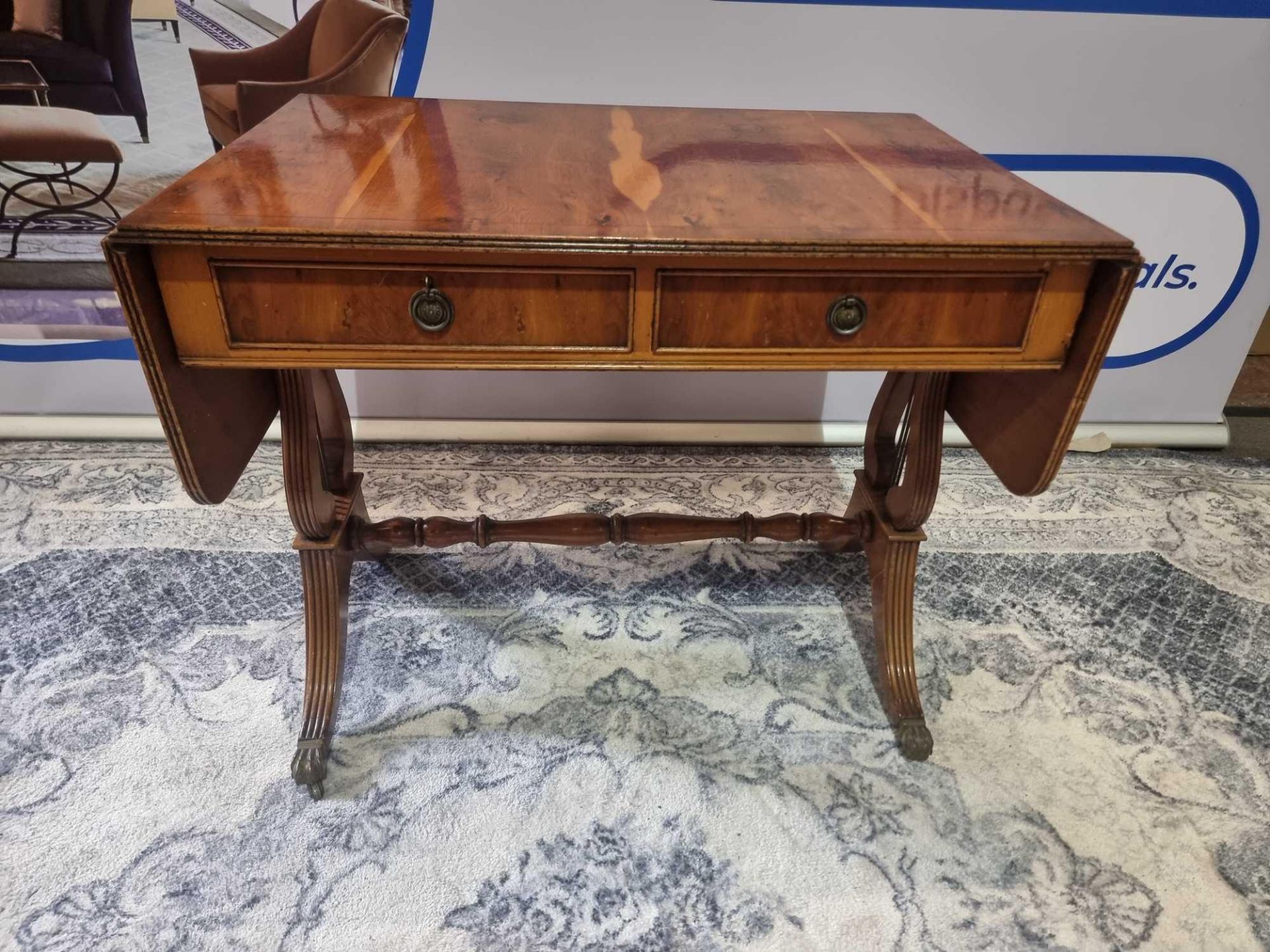 A Regency Boxwood Strung Burr-Yew Sofa Table With Two Frieze Drawers Opposing Dummy Drawers Raised