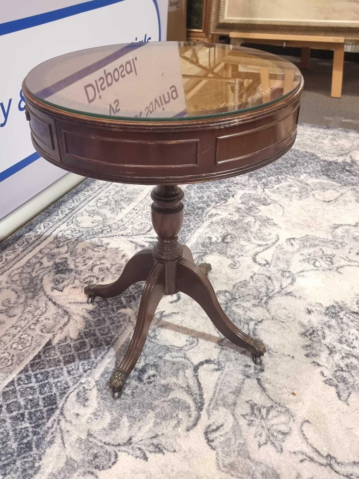 A Regency Style Mahogany Drum Table With Leather Inlay Top And Glass Protector Over The Apron - Image 4 of 5