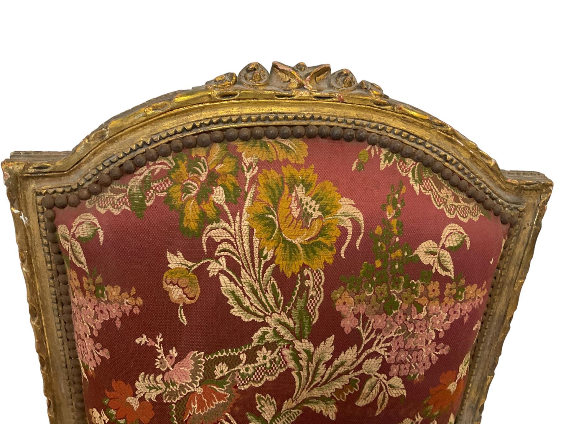 A Pair Louis XVI design gilt framed armchairs, the cresting rail moulded with flower heads and - Bild 9 aus 9