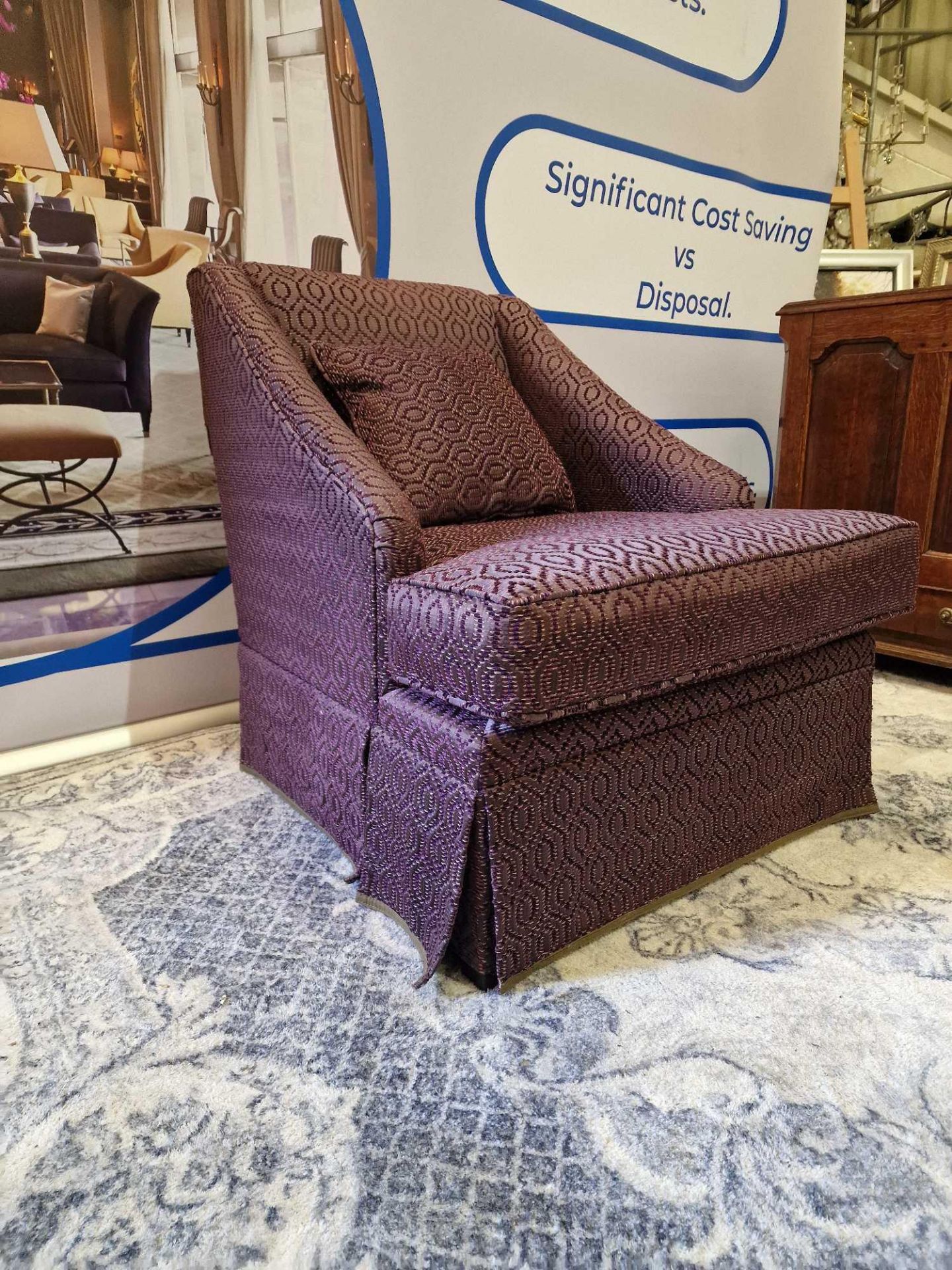 Egerton Armchair Sloping Arms Dressmakers Skirt And A Sprung Back Upholstered Purple Patterned - Bild 3 aus 6