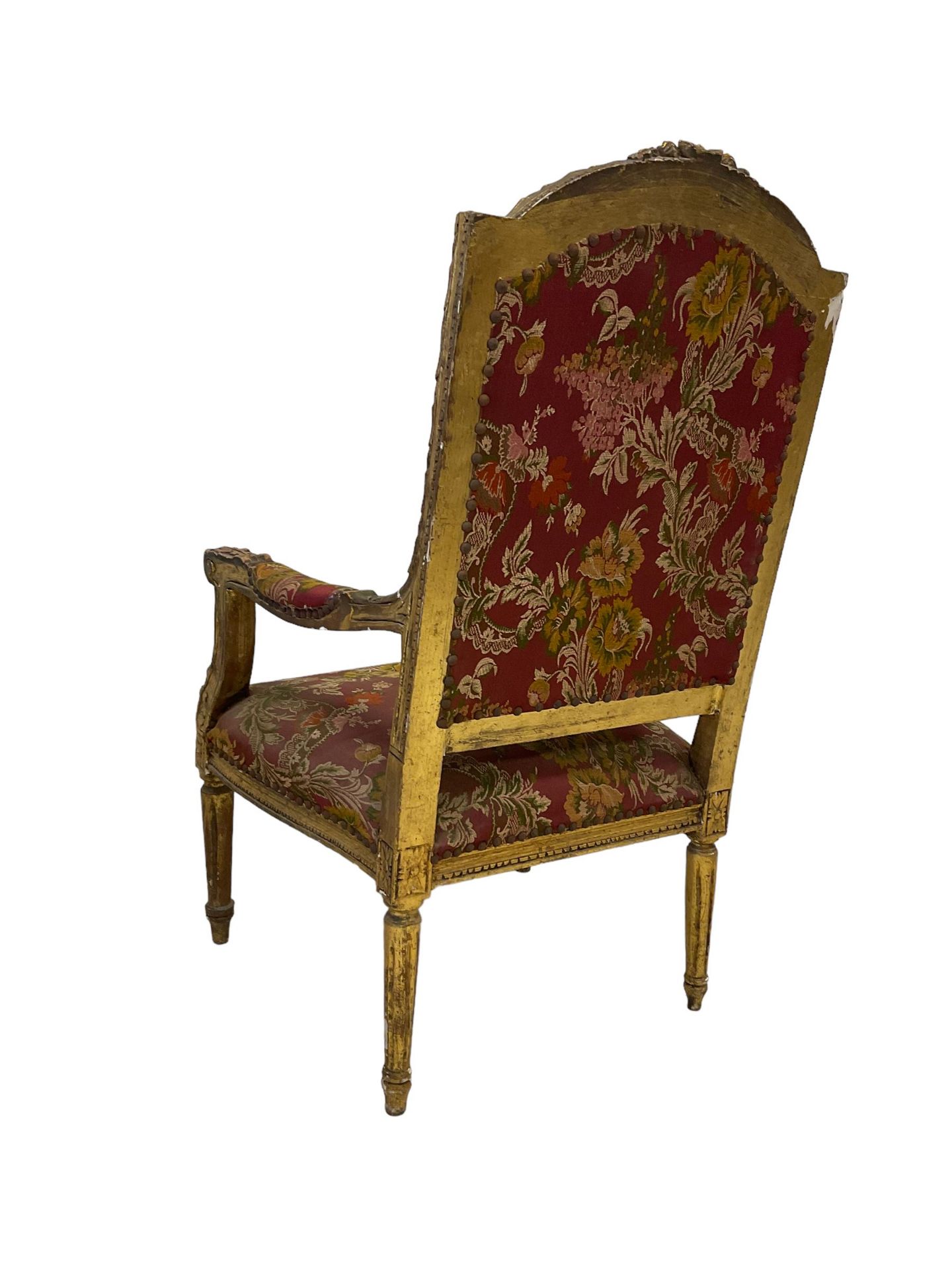 A Pair Louis XVI design gilt framed armchairs, the cresting rail moulded with flower heads and - Bild 8 aus 9