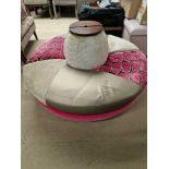 2 x Circular Banquet Sofas Upholstered In A Mix Of Leather And Fabric Pink Beige And Gold On Solid