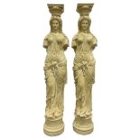 A Pair Of Greek Style Caryatid Columns, Square Top With Gadroon Underbelly, The Semi-Nude Female