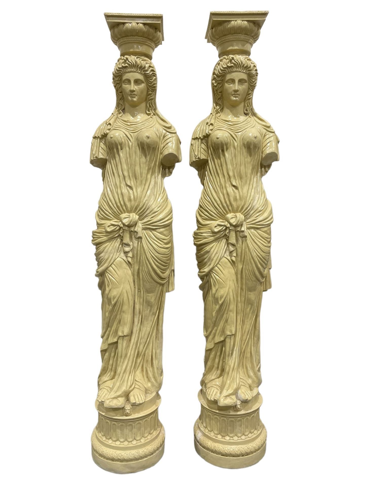 A Pair Of Greek Style Caryatid Columns, Square Top With Gadroon Underbelly, The Semi-Nude Female