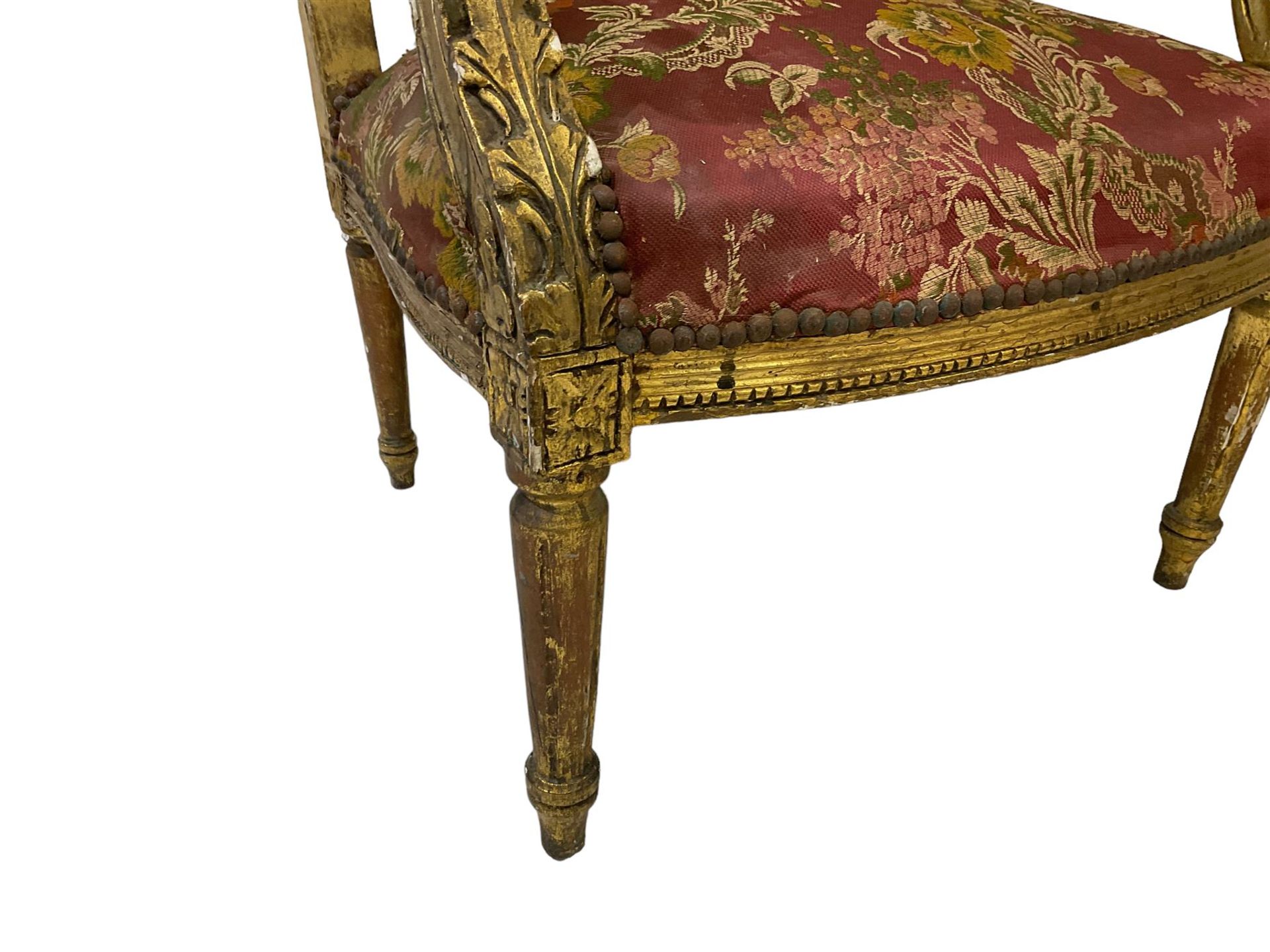 A Pair Louis XVI design gilt framed armchairs, the cresting rail moulded with flower heads and - Bild 7 aus 9