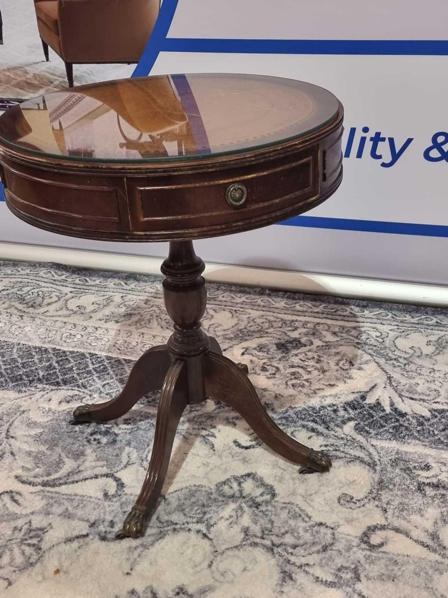 A Regency Style Mahogany Drum Table With Leather Inlay Top And Glass Protector Over The Apron - Image 3 of 5