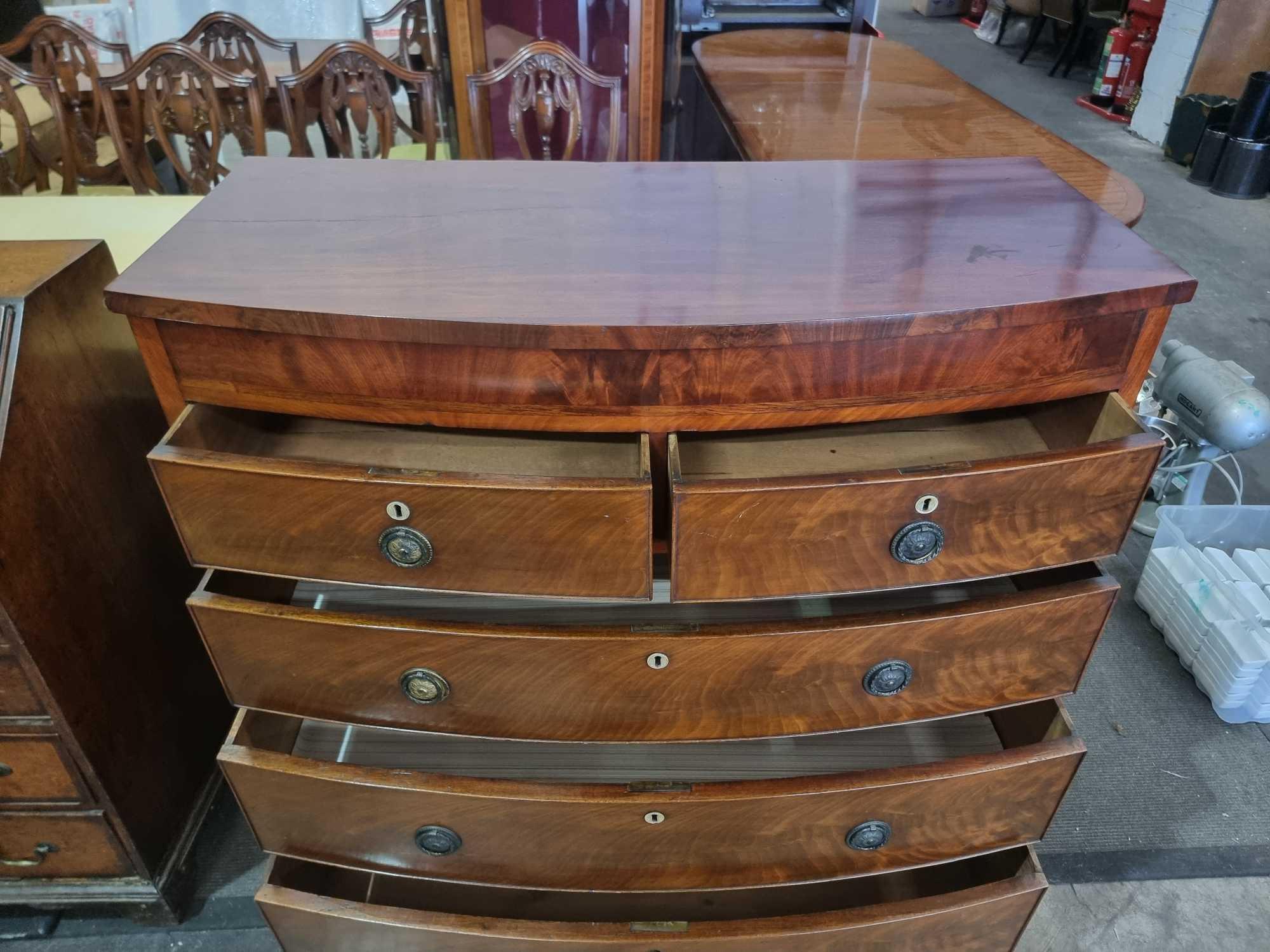 Regency Style Figured Mahogany And Satinwood Bow Front Chest Of Two Short Drawers Over Three Long - Image 7 of 7