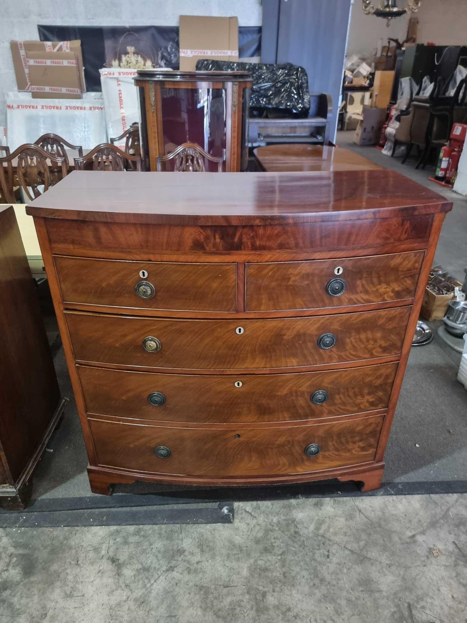 Regency Style Figured Mahogany And Satinwood Bow Front Chest Of Two Short Drawers Over Three Long - Image 2 of 7
