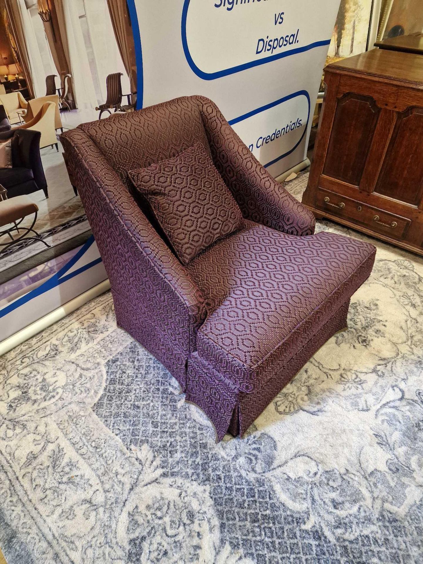 Egerton Armchair Sloping Arms Dressmakers Skirt And A Sprung Back Upholstered Purple Patterned - Bild 2 aus 6