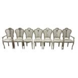Italian Designer Set of seven (5+2 Carver) dining chairs, arched cresting rail with upholstered back